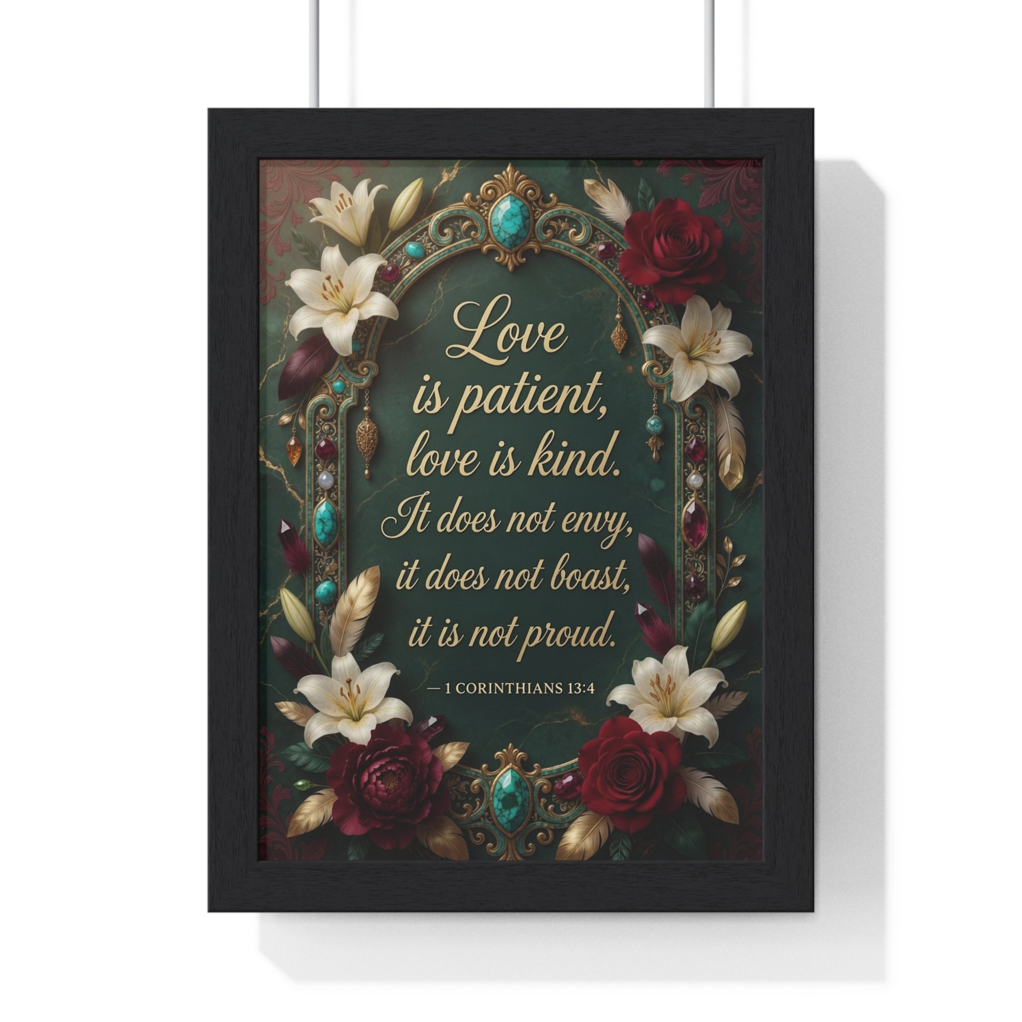Framed Poster – "Love is Patient, Love is Kind" Floral Scripture Wall Art (1 Corinthians 13:4)