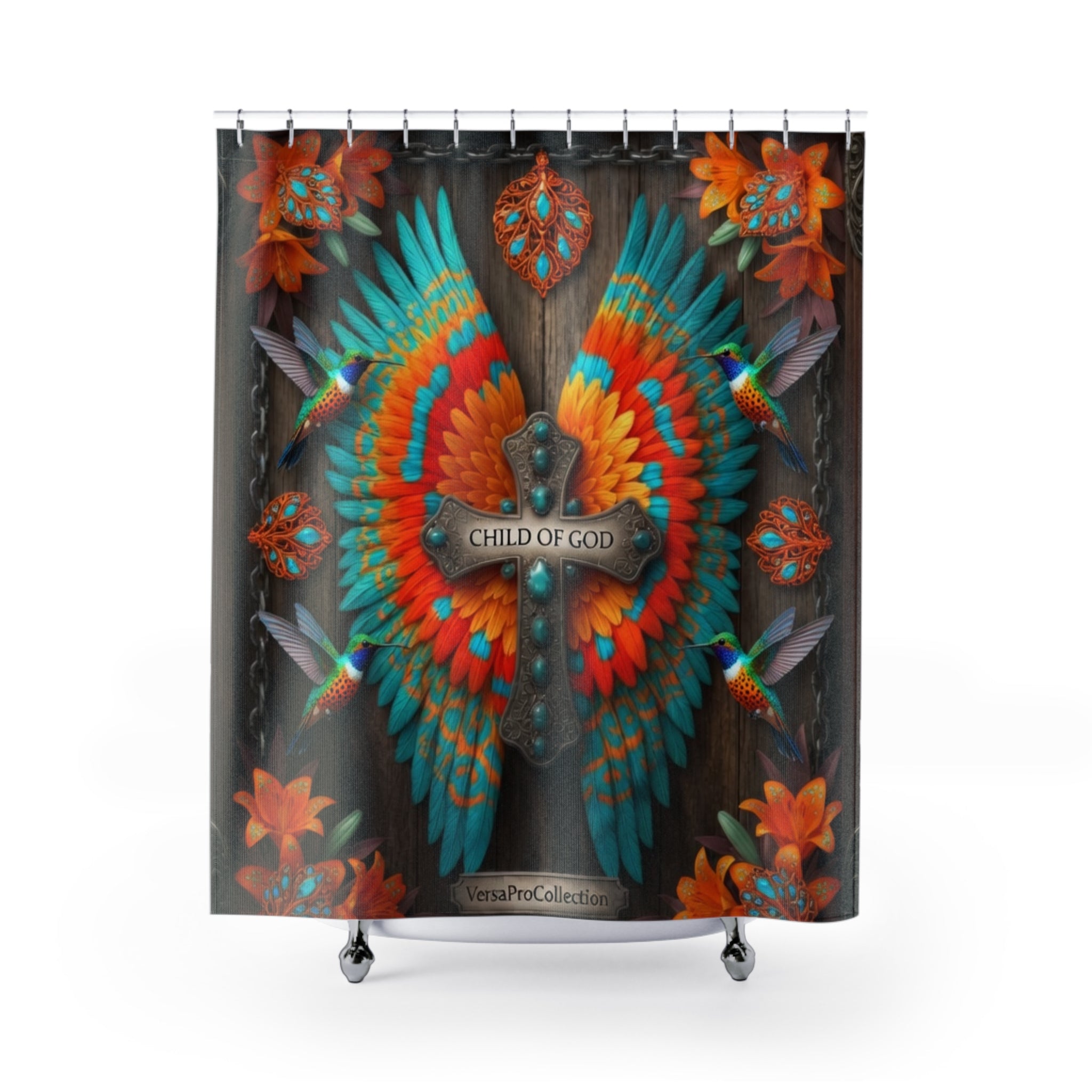 Spiritual Feather Wings Shower Curtain – "Child of God" Vibrant Boho Bathroom Decor