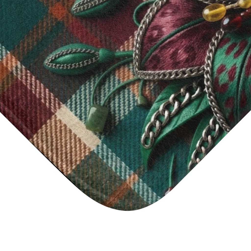 Plaid Botanical Bath Mat — Teal & Burgundy Floral Plaid Bathroom Rug