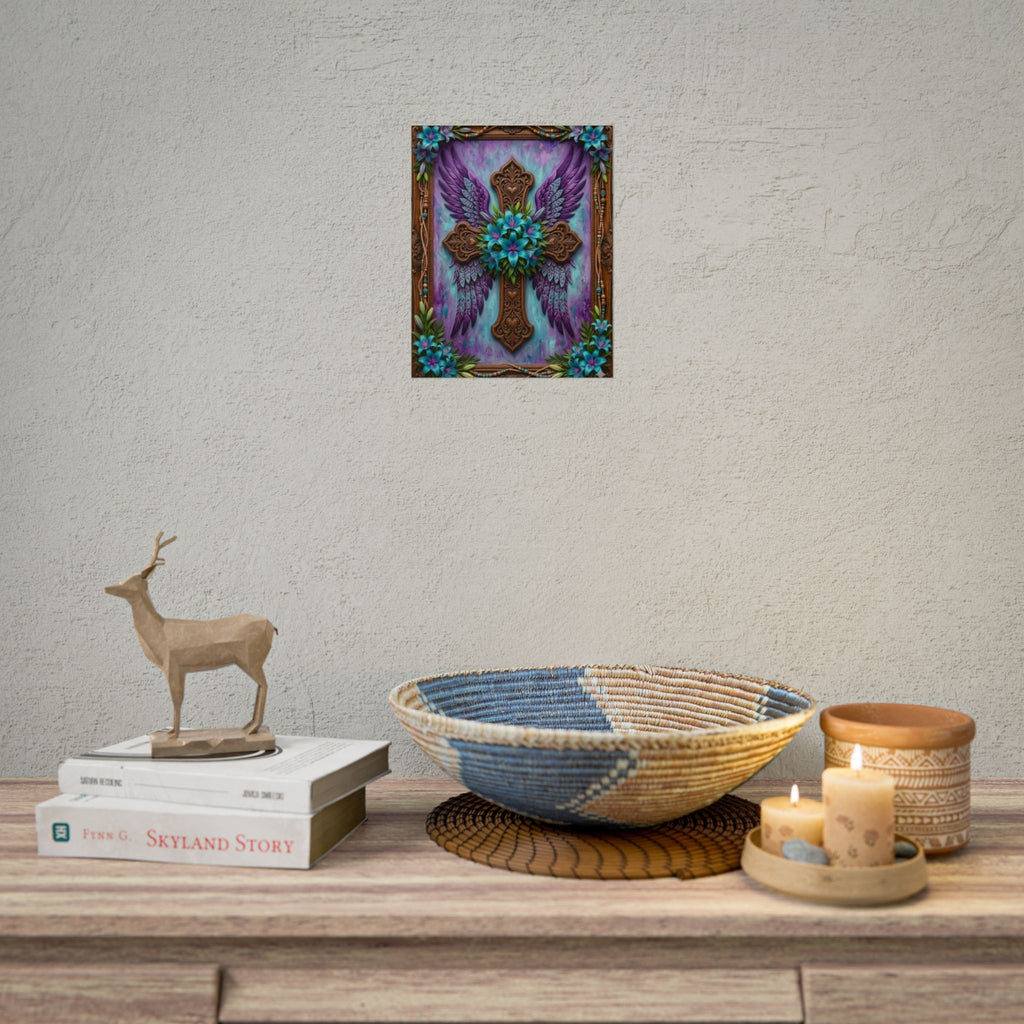 Angel Wing Cross Rolled Poster — Purple Floral Spiritual Wall Art