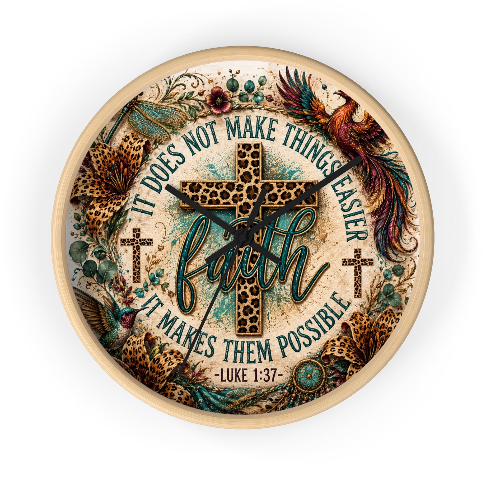 Faith Wall Clock — Leopard Cross Christian Home Decor (Luke 1:37)
