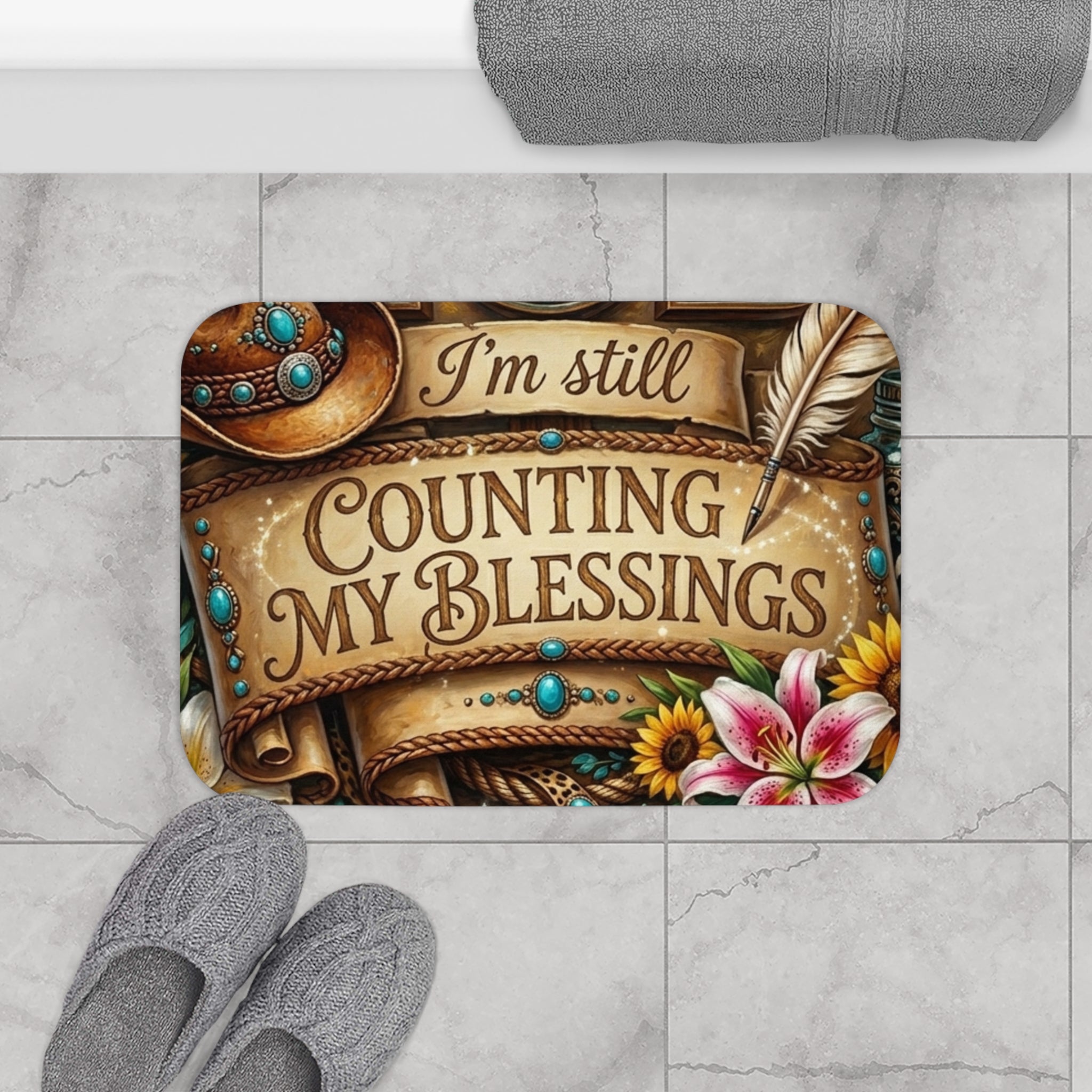 Counting My Blessings Bath Mat — Inspirational Floral Western Home Decor