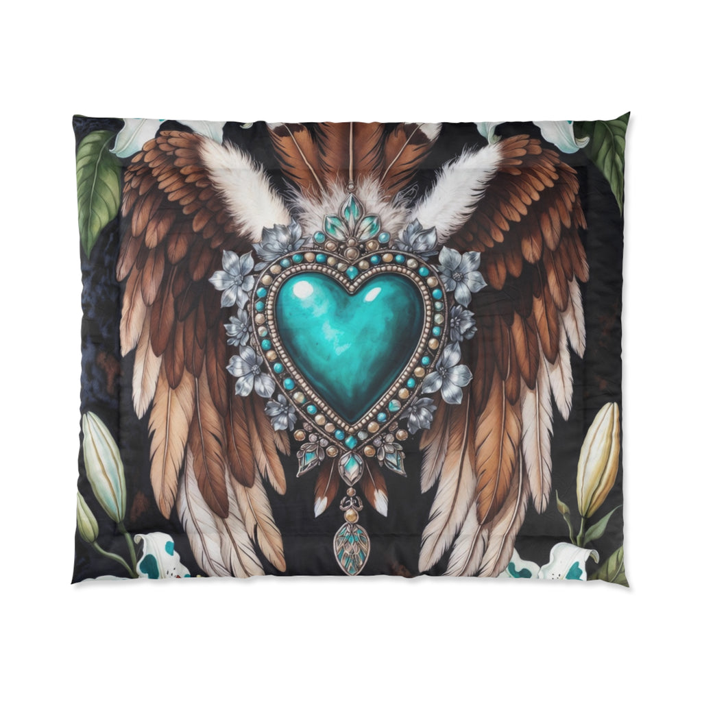 Dreamcatcher Comforter - Teal Heart Wings Boho Bedspread