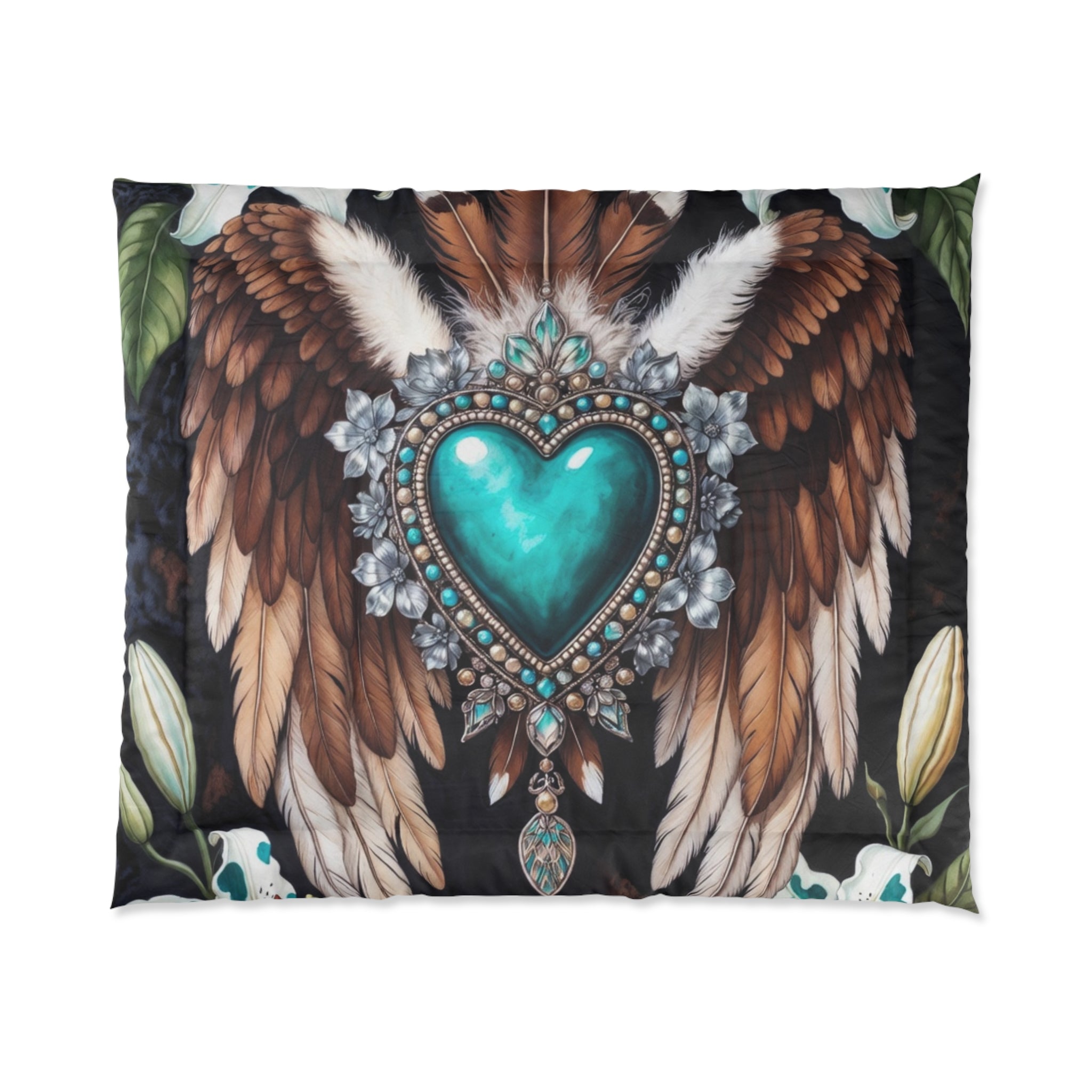 Dreamcatcher Comforter - Teal Heart Wings Boho Bedspread