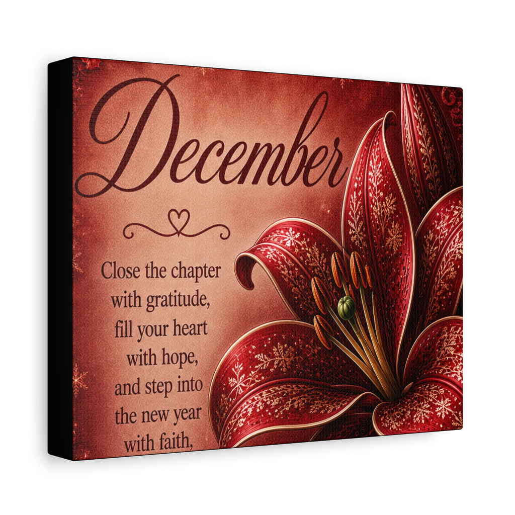 December Floral Canvas Wall Art – Inspirational Holiday Quote, 'Close the chapter with gratitude'