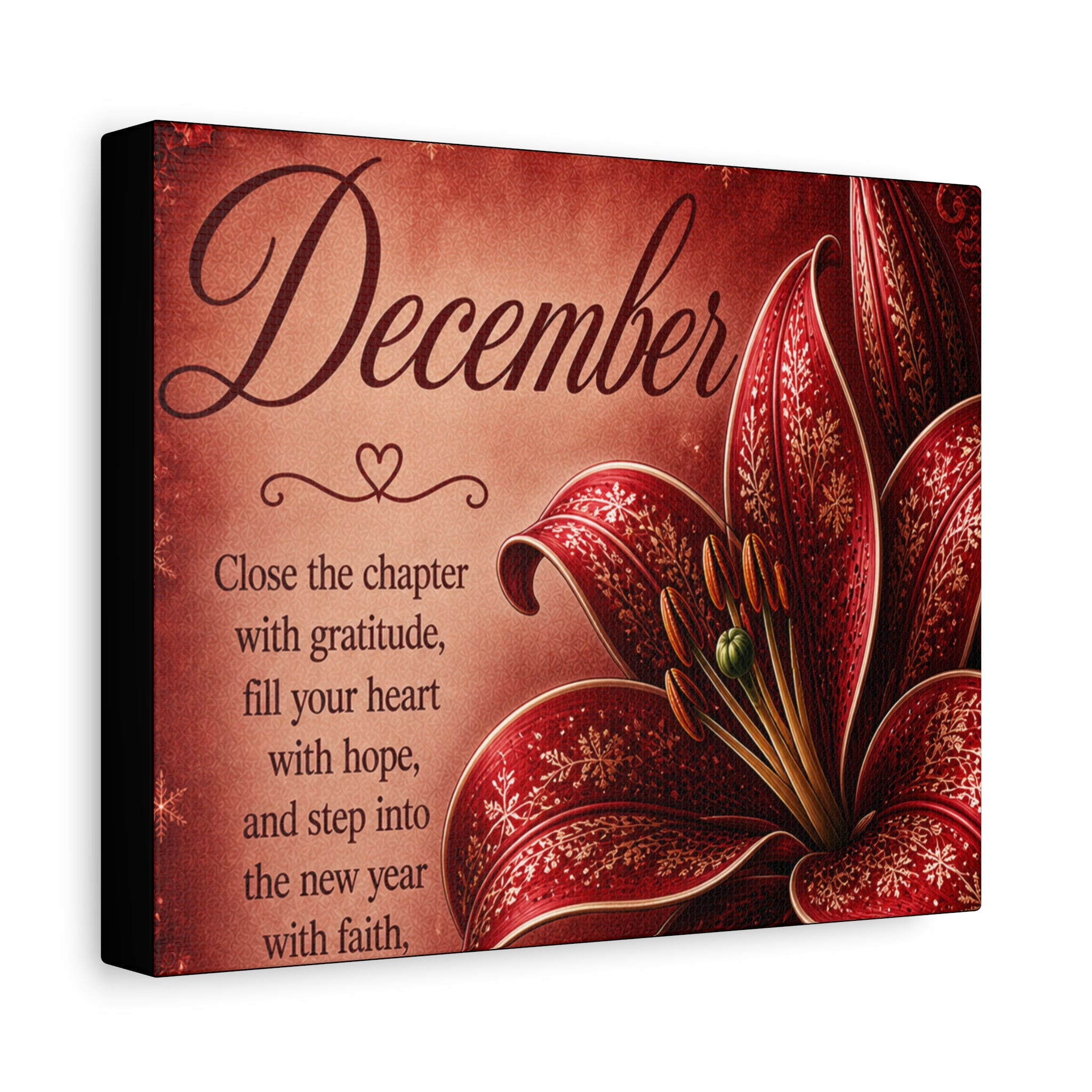 December Floral Canvas Wall Art – Inspirational Holiday Quote, 'Close the chapter with gratitude'