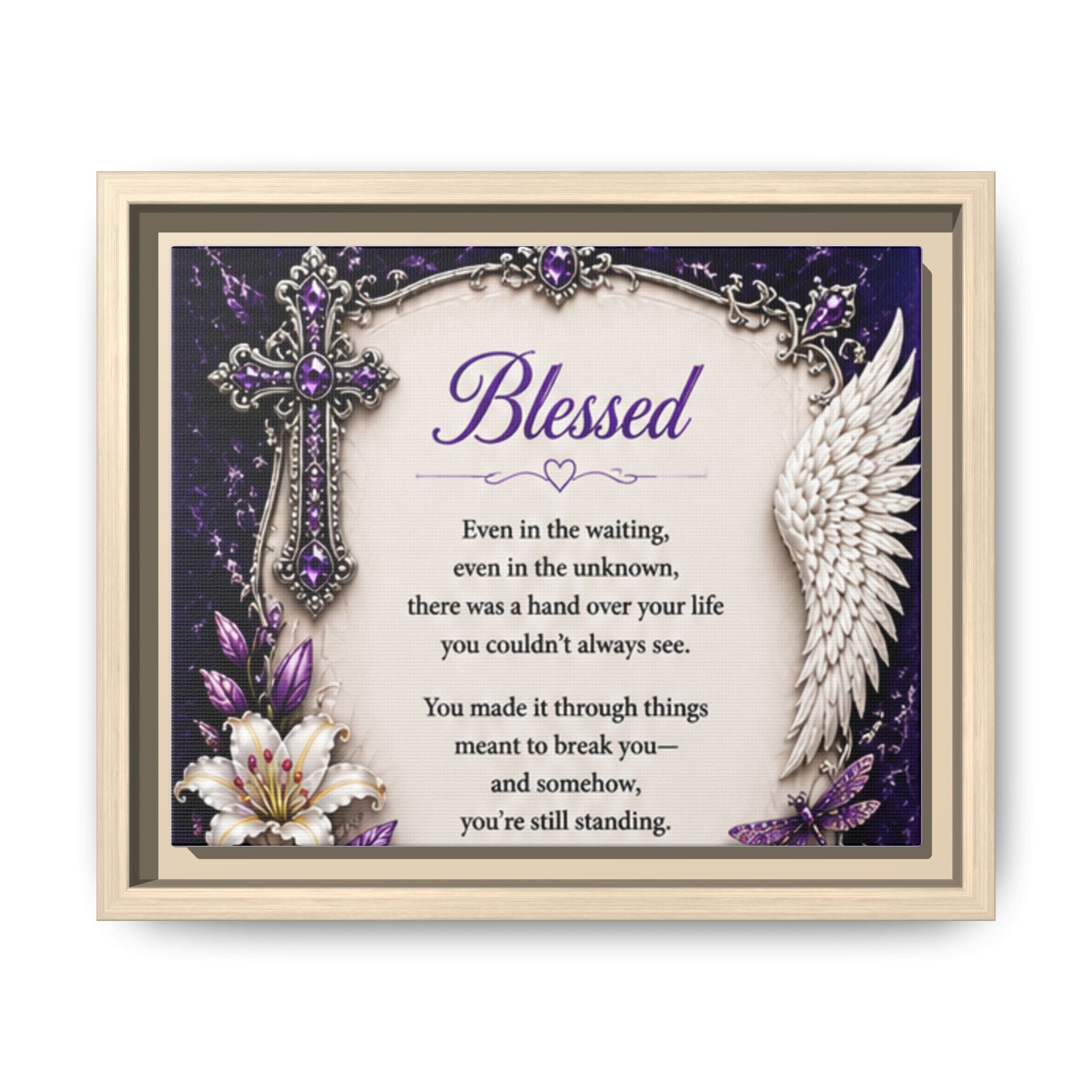 Blessed Inspirational Wall Art — Matte Framed Canvas with Cross & Angel Wing