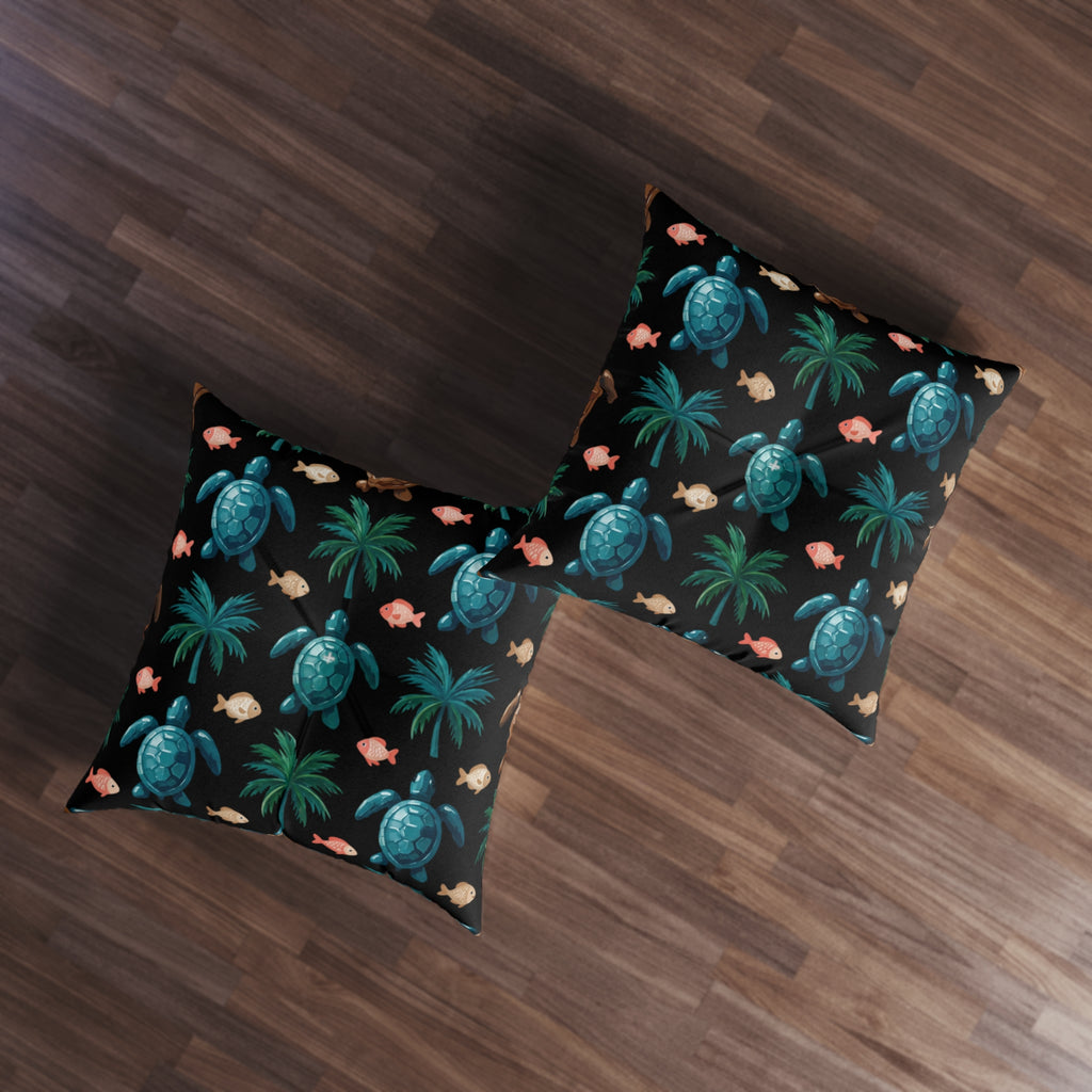 Sea Turtle Palm Floor Pillow — Coastal Tropical Square Throw Pillow