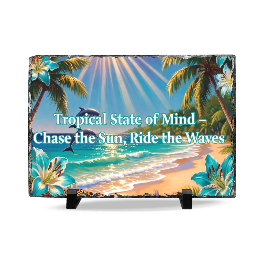 Tropical Slate Desk Plaque – "Tropical State of Mind — Chase the Sun, Ride the Waves"