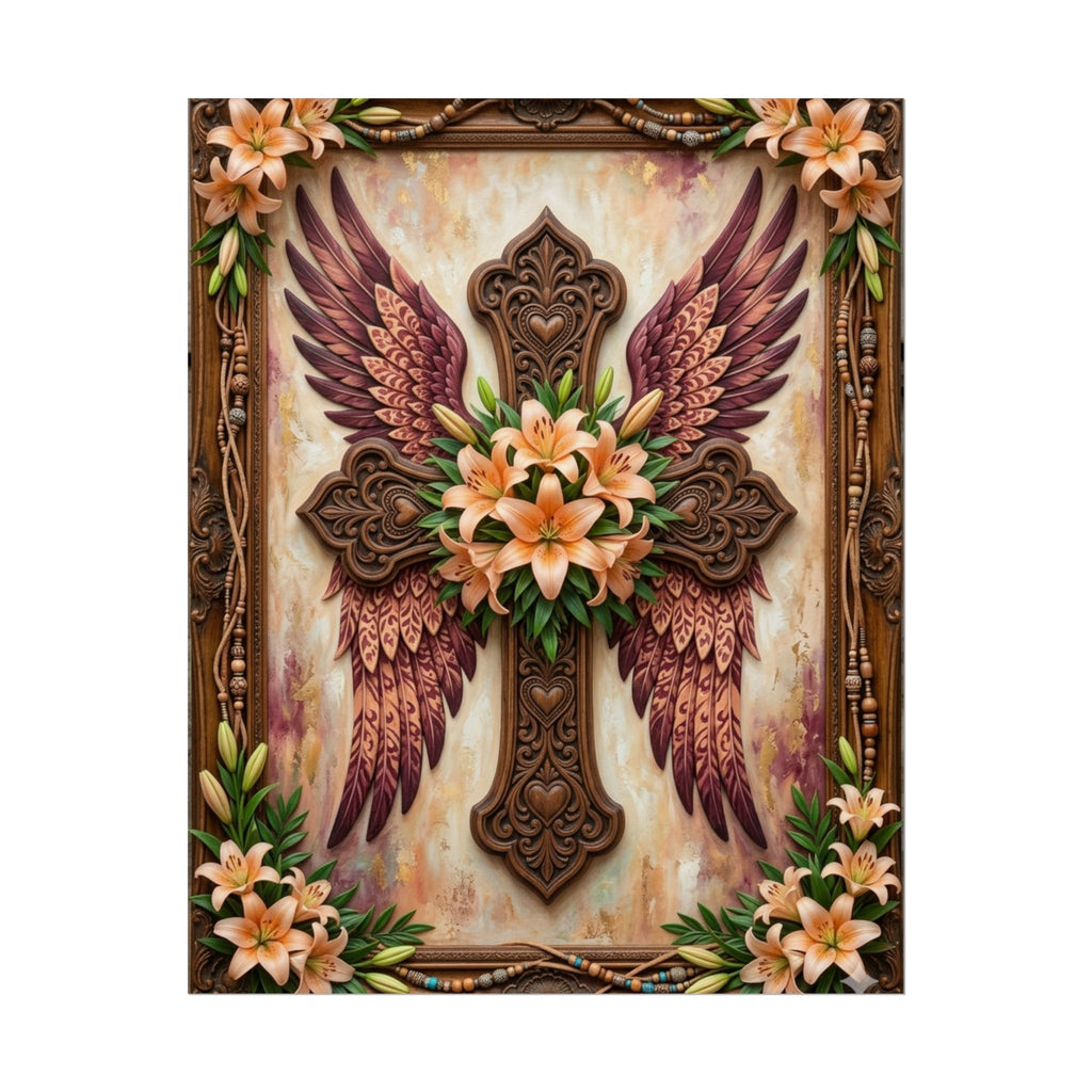 Rolled Poster — Floral Winged Cross Wall Art (Lily Memorial Religious Print)