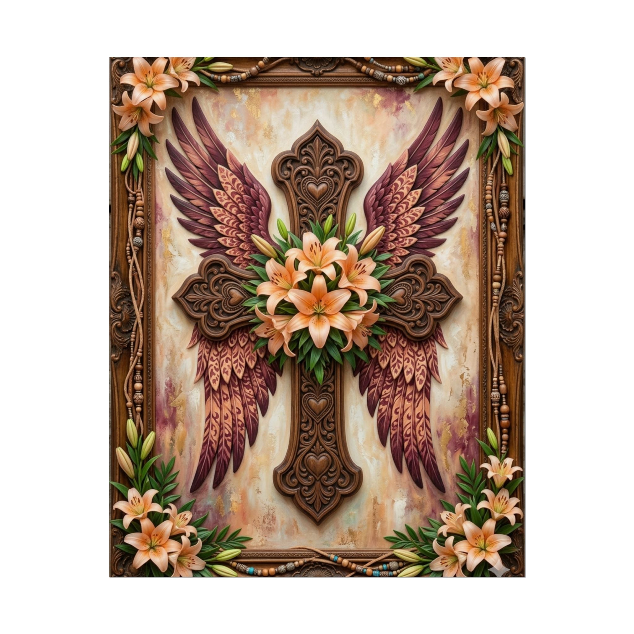 Rolled Poster — Floral Winged Cross Wall Art (Lily Memorial Religious Print)
