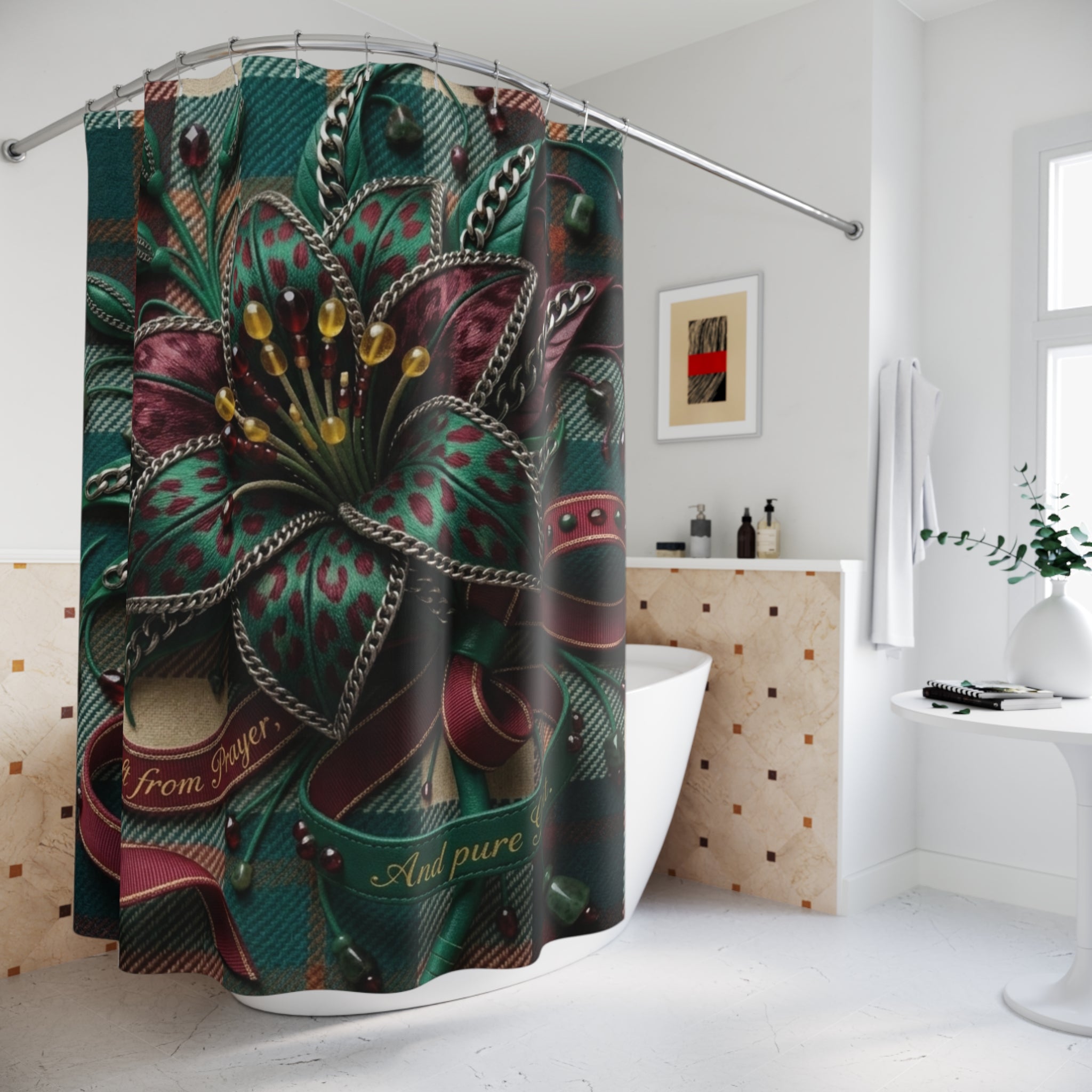 Shower Curtain — Ornate Jewel-Tone Floral Design (Emerald & Maroon)