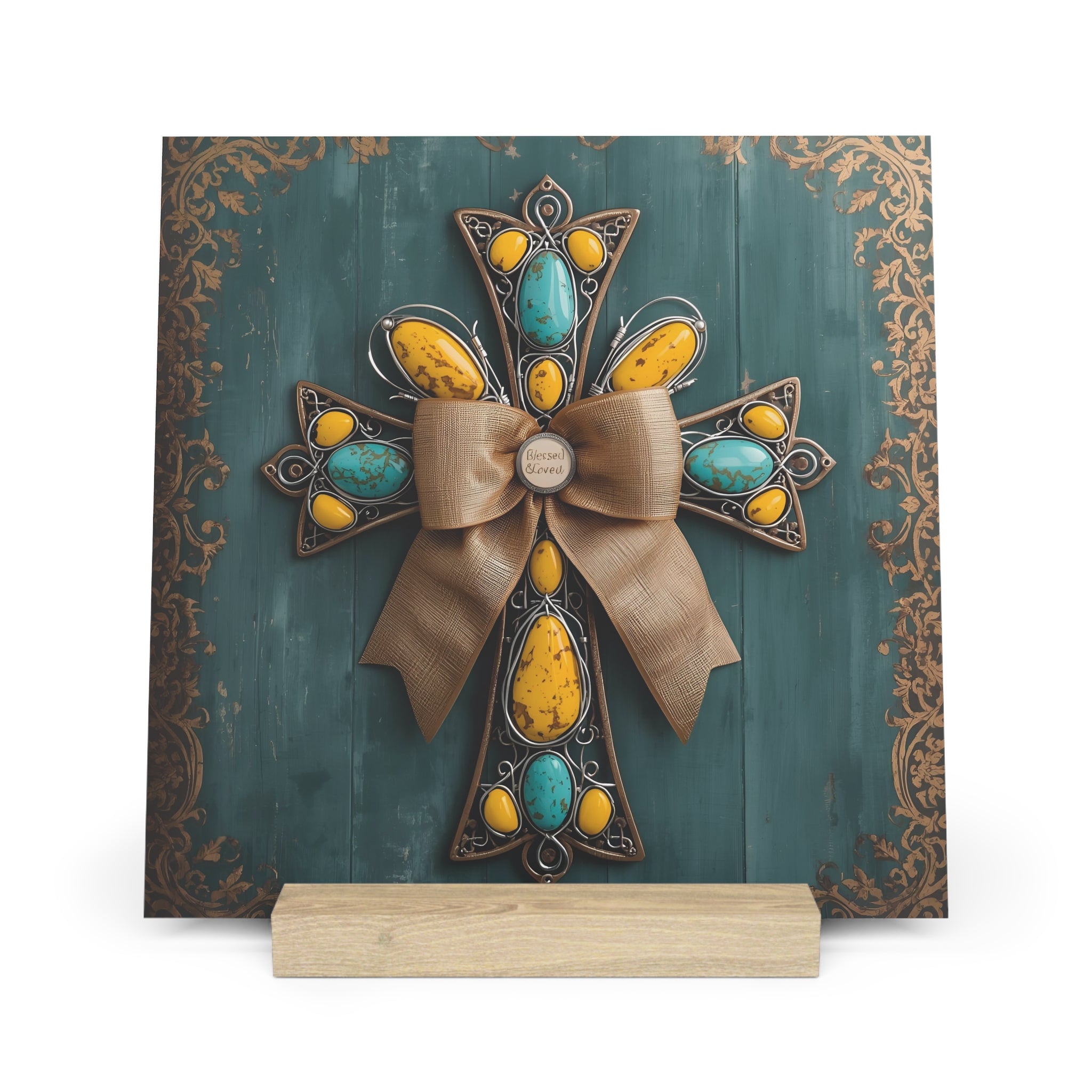 Decorative Gallery Board with Stand — Turquoise & Yellow Cross Wall Art Display