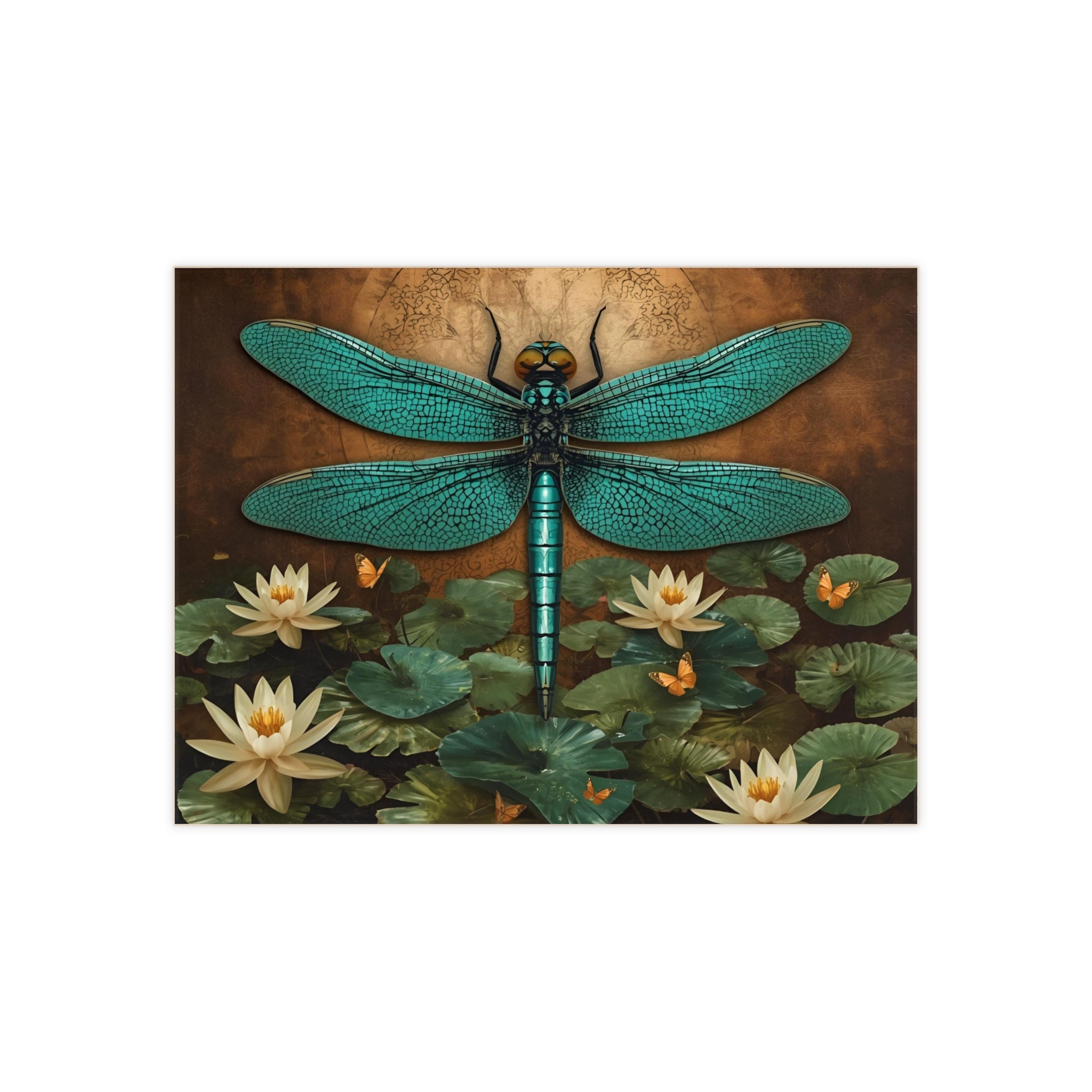 Turquoise Dragonfly Ceramic Photo Tile – Vintage Water Lily Wall Art
