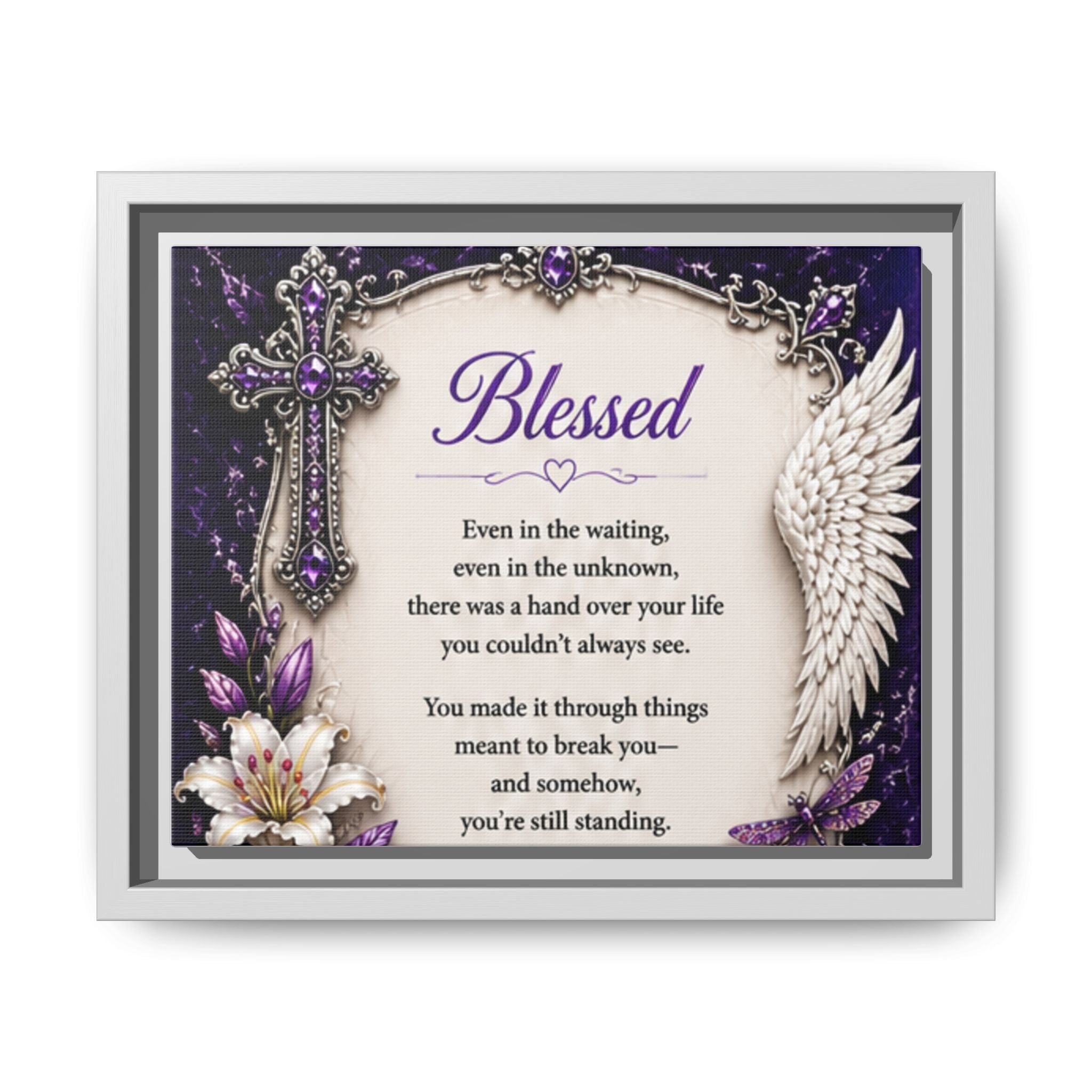 Blessed Inspirational Wall Art — Matte Framed Canvas with Cross & Angel Wing