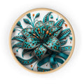 Teal Floral Ornament Wall Clock — Decorative Boho Flower Timepiece