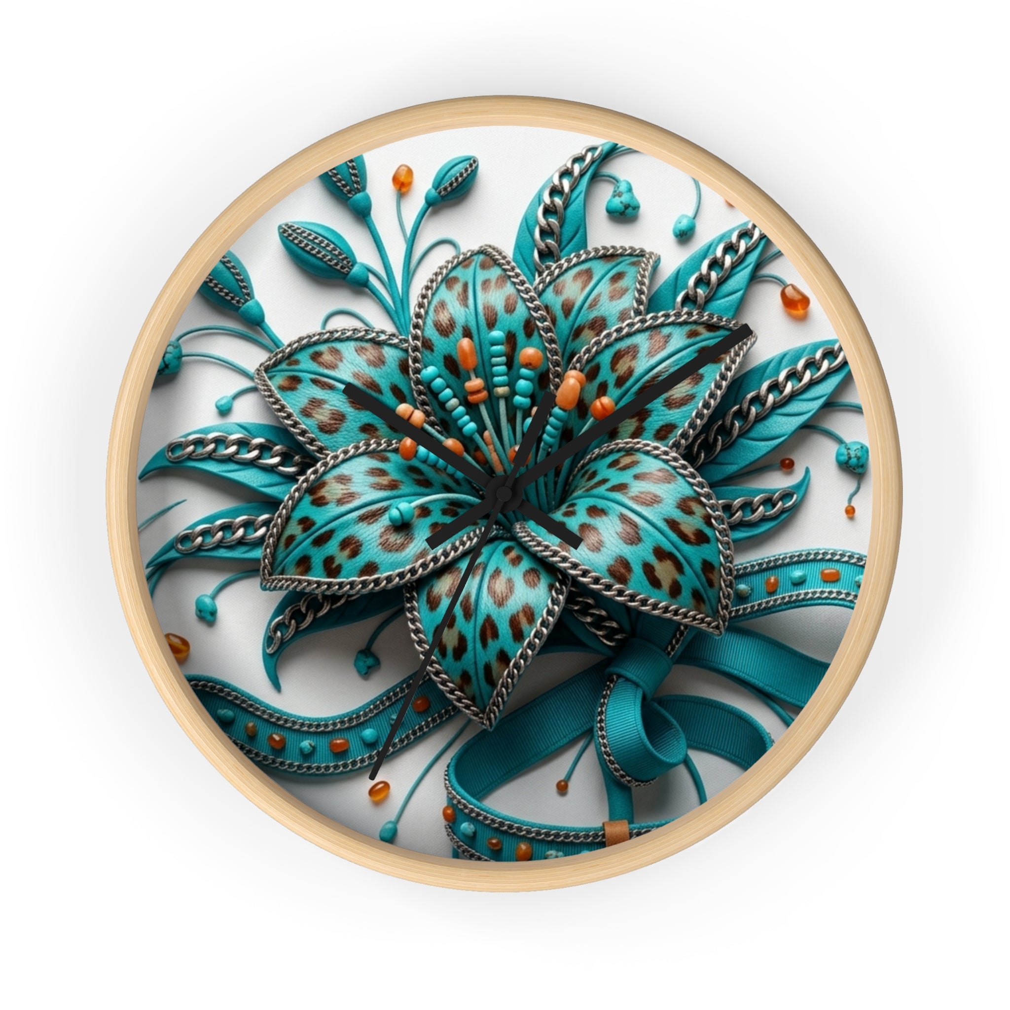 Teal Floral Ornament Wall Clock — Decorative Boho Flower Timepiece