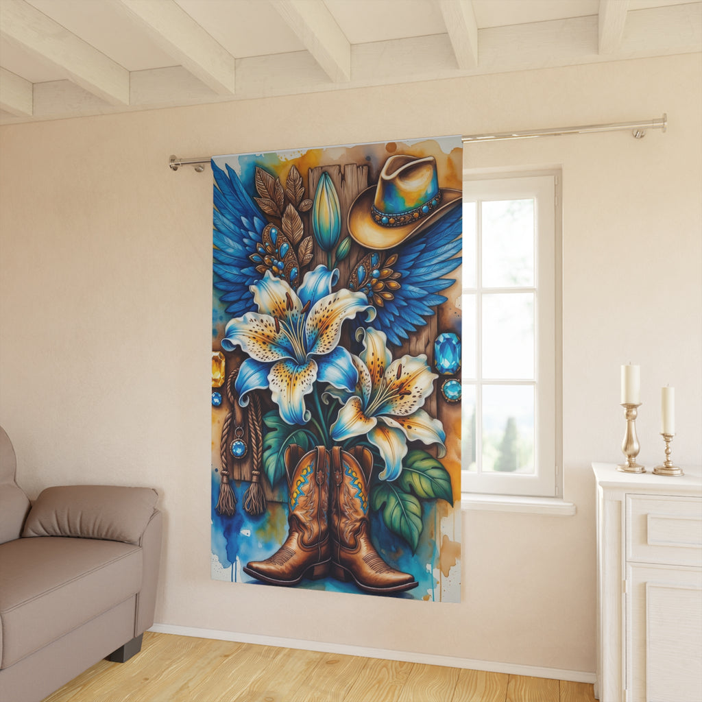 Western Boots & Lilies Curtain — Blue Cowboy Floral Window Panel