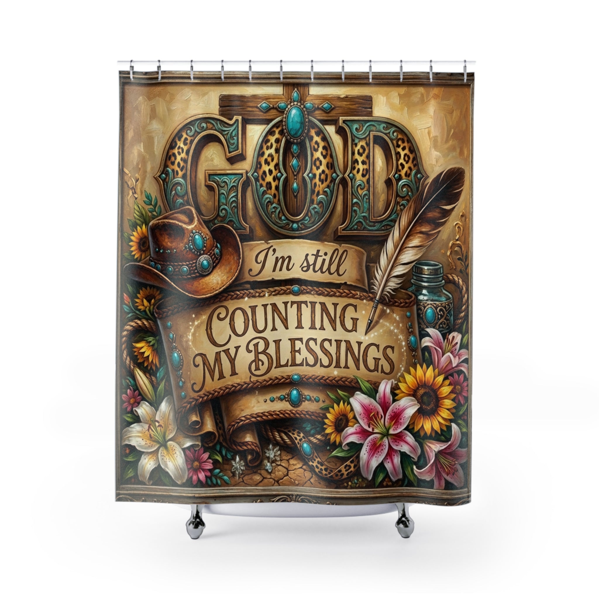 God I'm Still Counting My Blessings Shower Curtain — Floral Western Faith Bathroom Decor