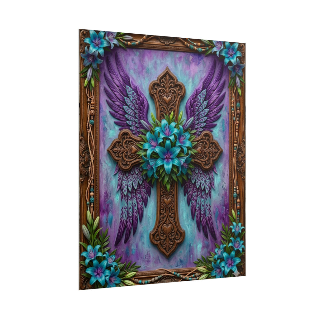 Angel Wing Cross Rolled Poster — Purple Floral Spiritual Wall Art