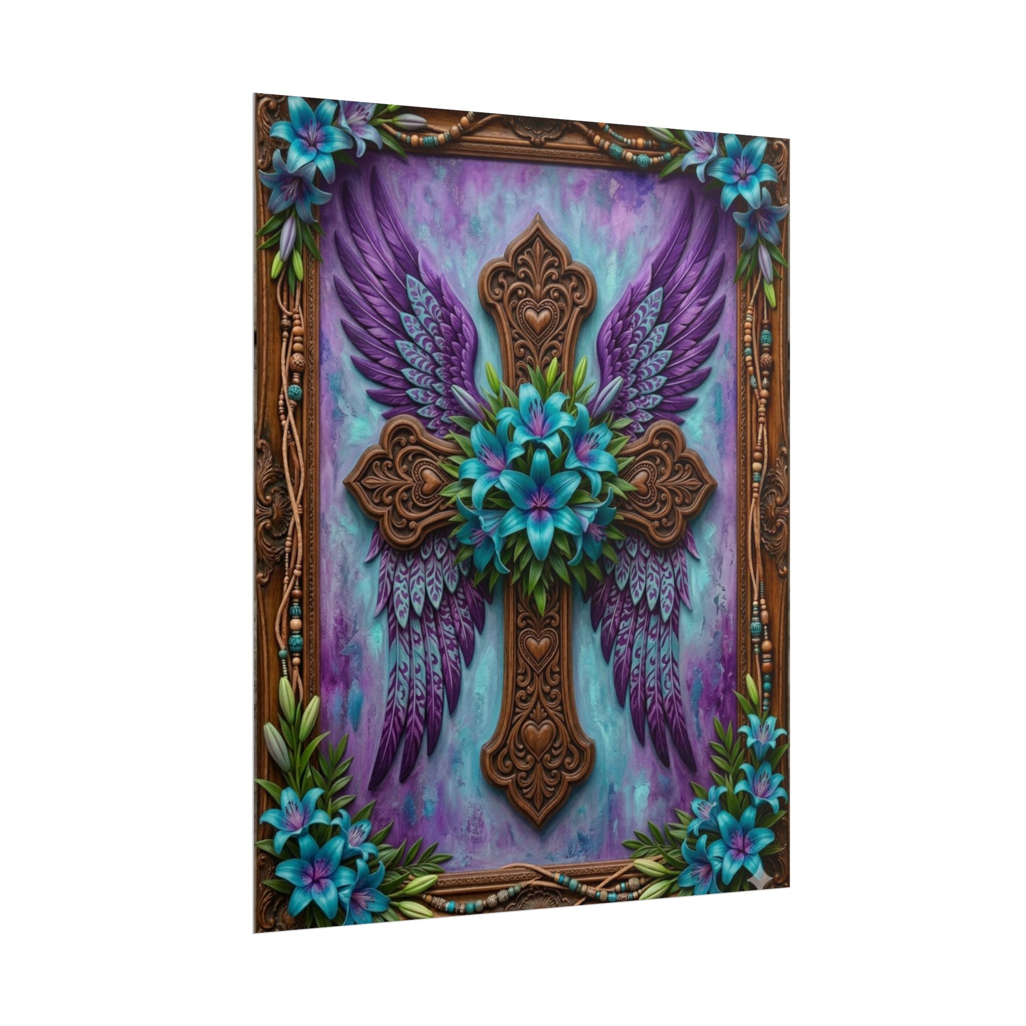 Angel Wing Cross Rolled Poster — Purple Floral Spiritual Wall Art
