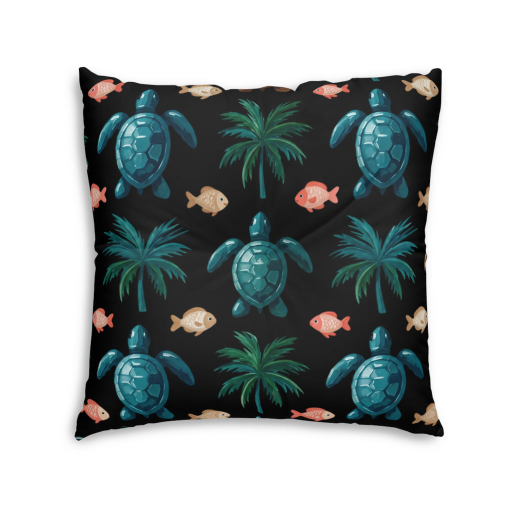 Sea Turtle Palm Floor Pillow — Coastal Tropical Square Throw Pillow