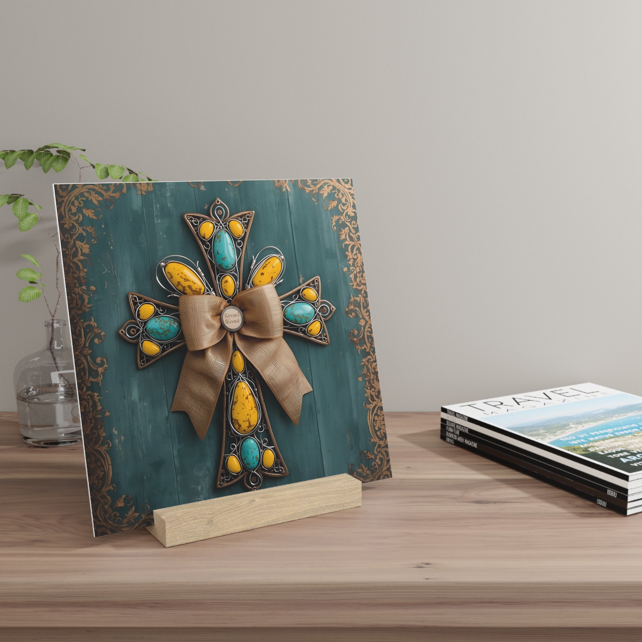 Decorative Gallery Board with Stand — Turquoise & Yellow Cross Wall Art Display