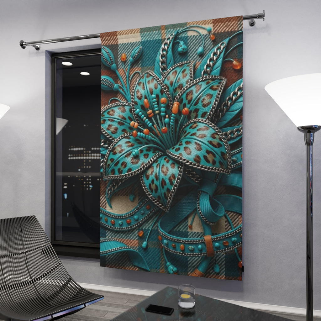 Teal Floral Tapestry Curtain - 3D Ornamental Bloom Window Panel