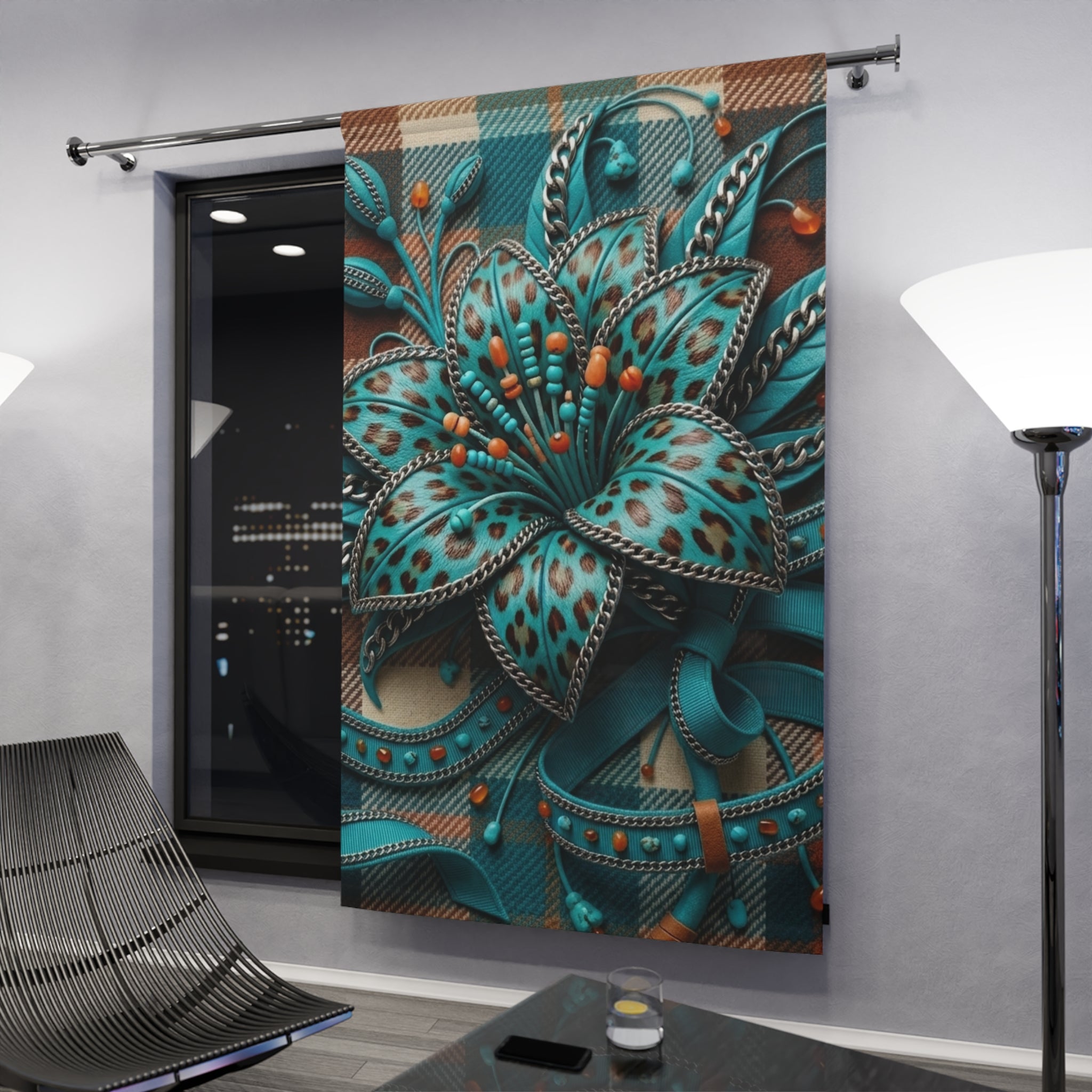 Teal Floral Tapestry Curtain - 3D Ornamental Bloom Window Panel