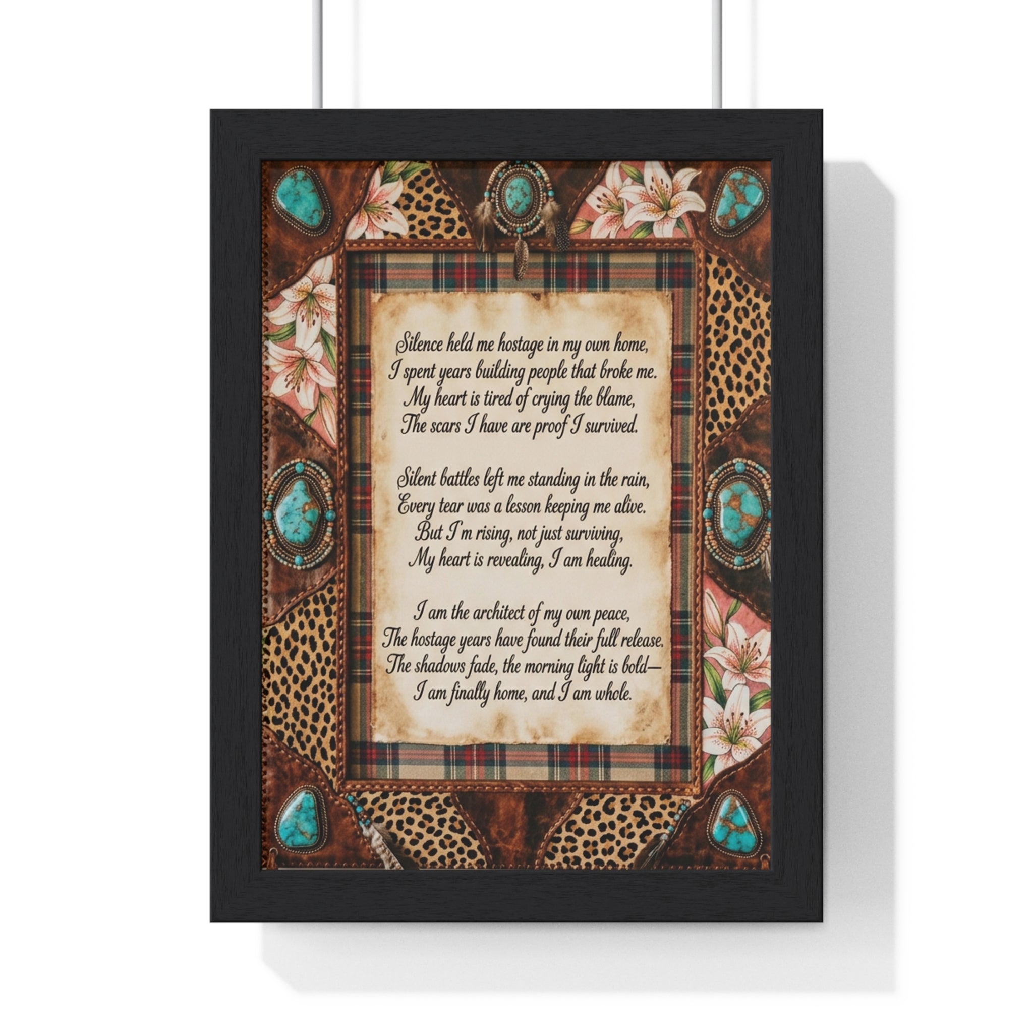 Vertical Framed Poster — Rustic Family Heritage Poem Wall Art (Turquoise & Leopard Border)