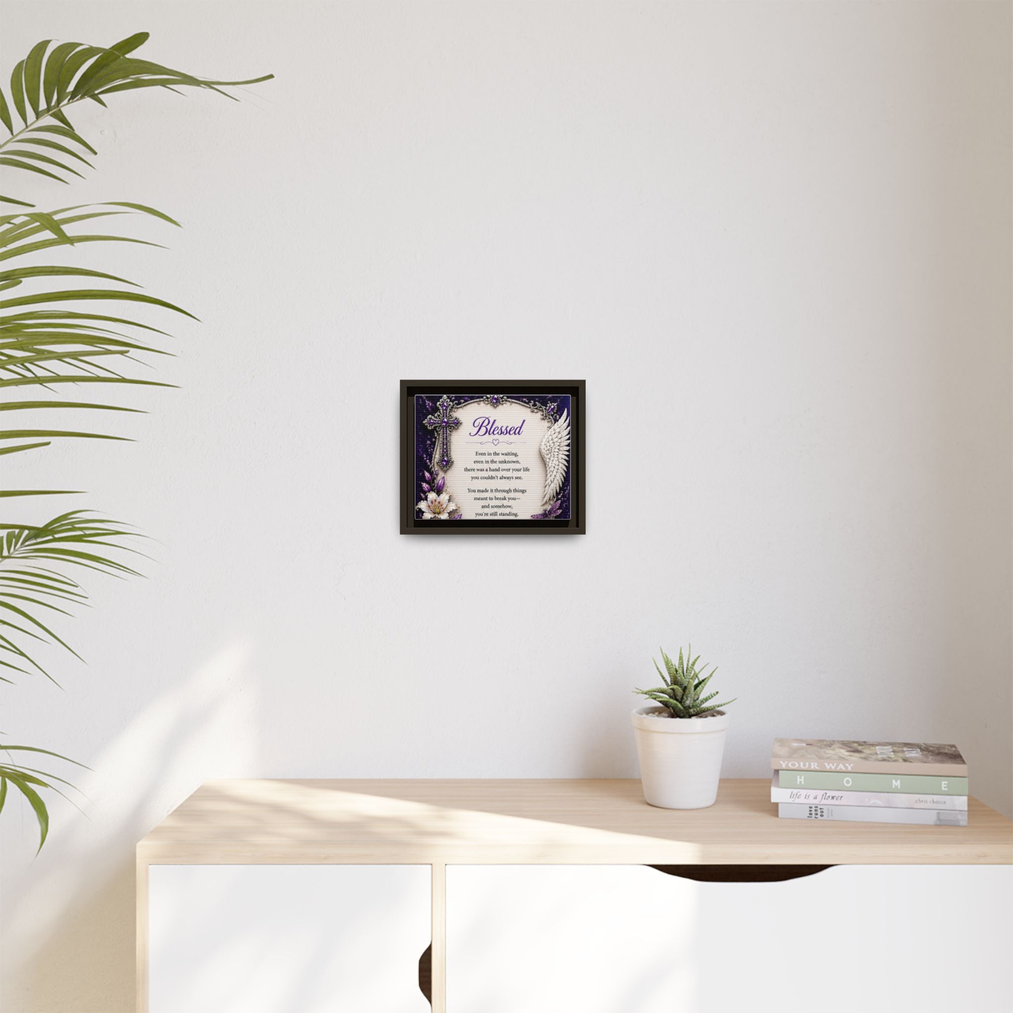Blessed Inspirational Wall Art — Matte Framed Canvas with Cross & Angel Wing