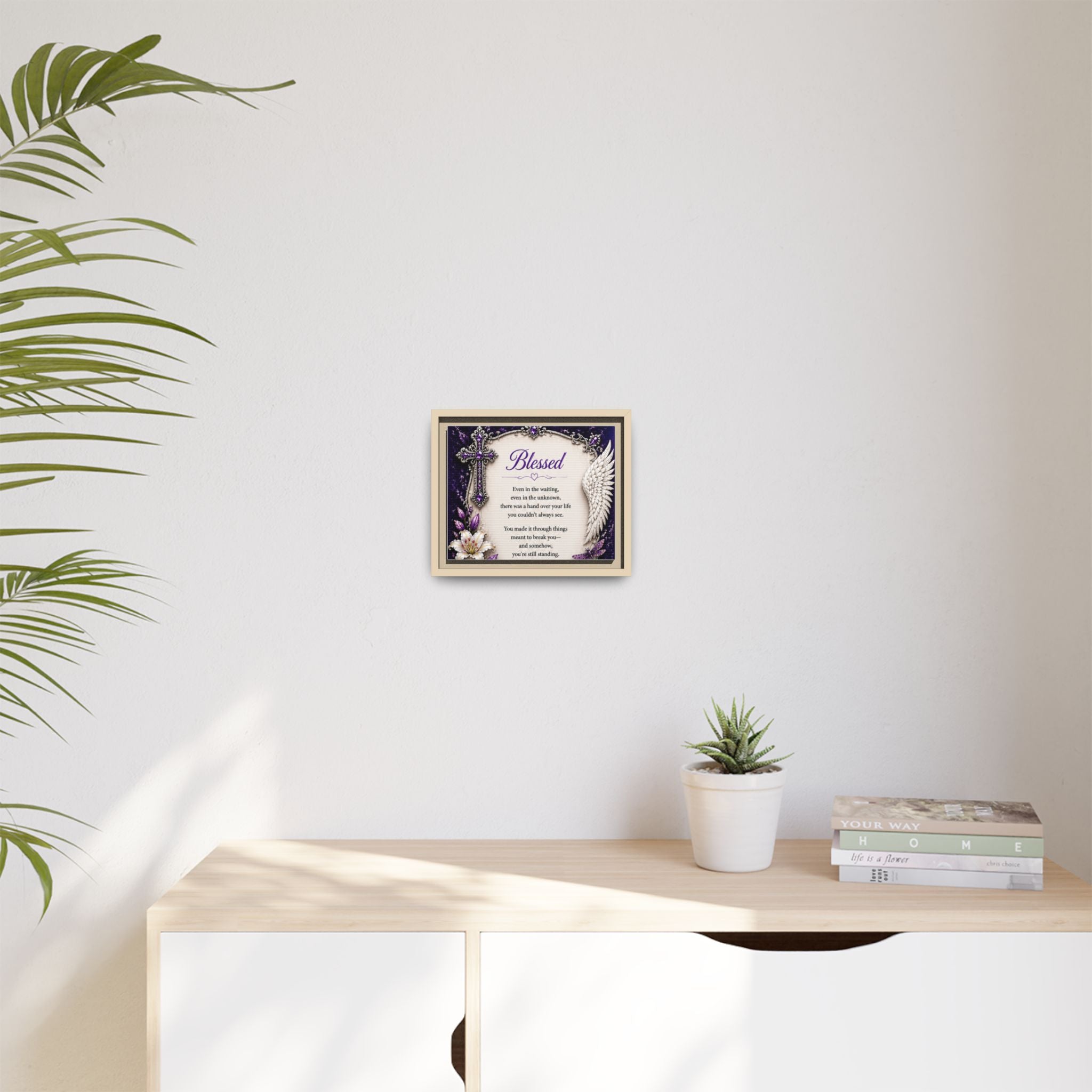 Blessed Inspirational Wall Art — Matte Framed Canvas with Cross & Angel Wing
