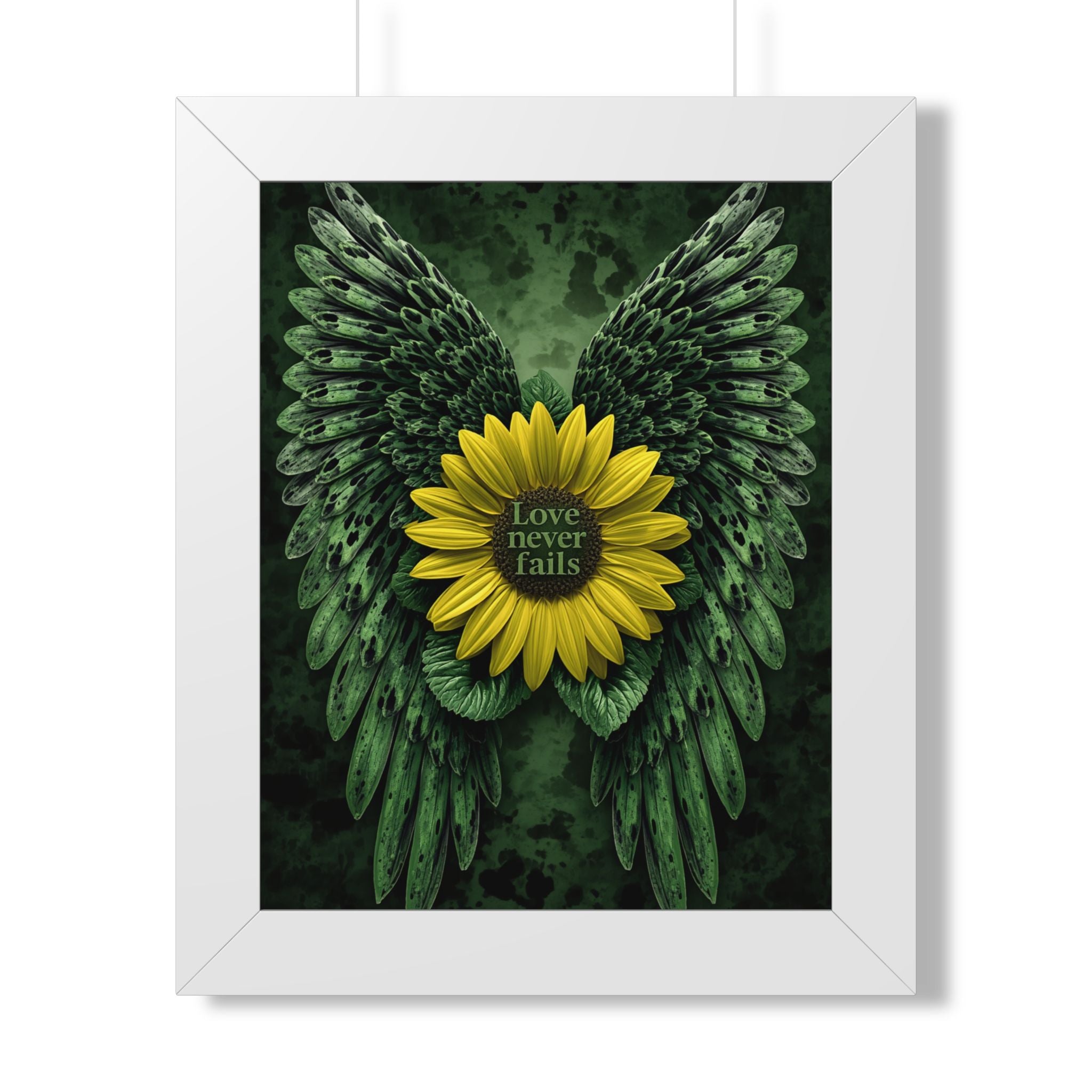 Framed Sunflower Angel Wings Poster — "Love Never Fails" Vertical Wall Art