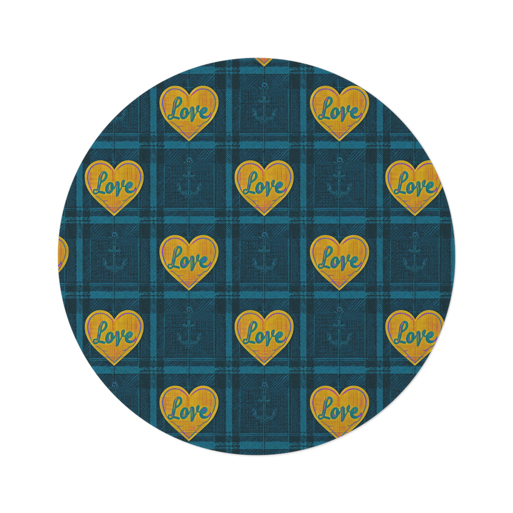 Nautical Plaid Round Rug — Blue Love Heart Anchor Floor Mat