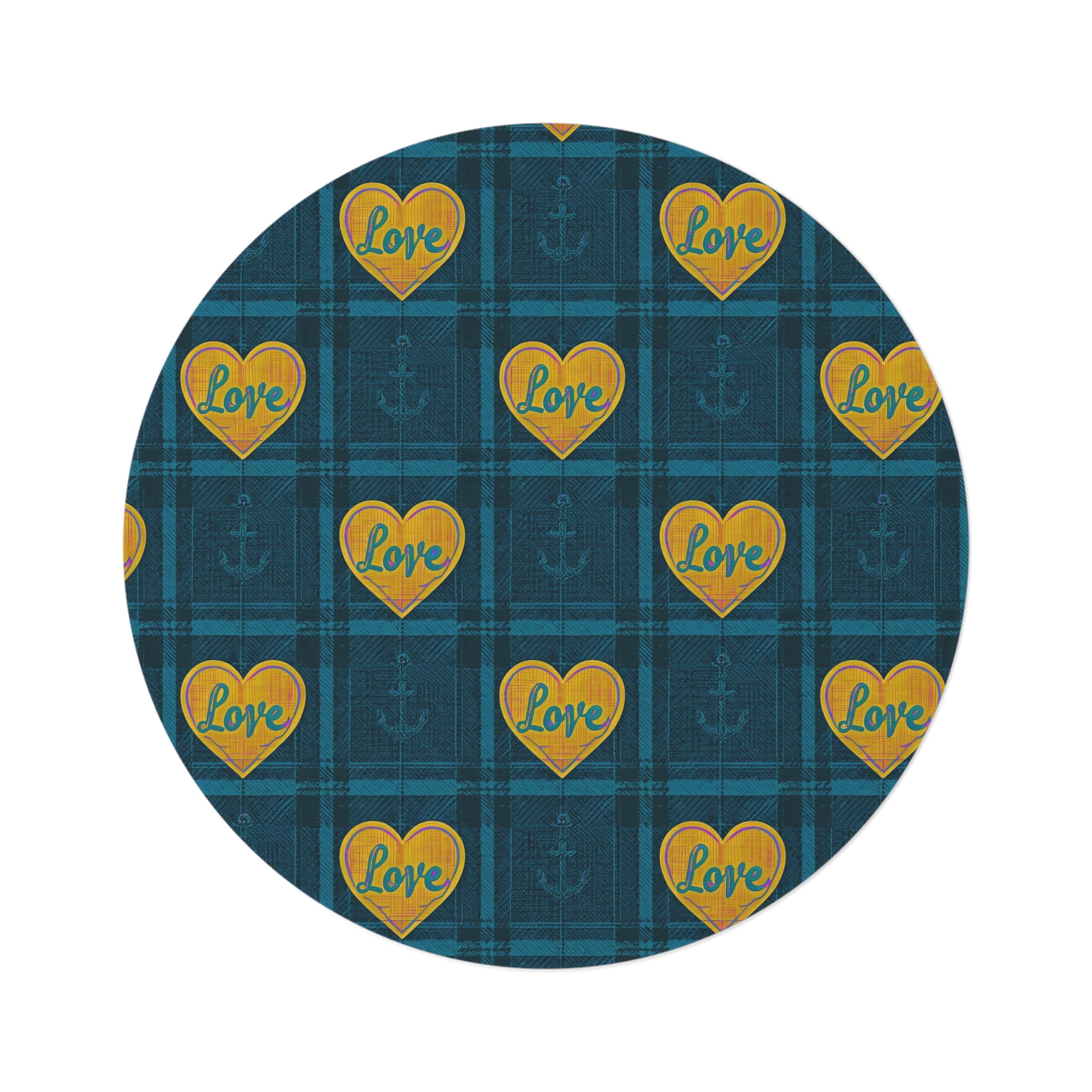Nautical Plaid Round Rug — Blue Love Heart Anchor Floor Mat