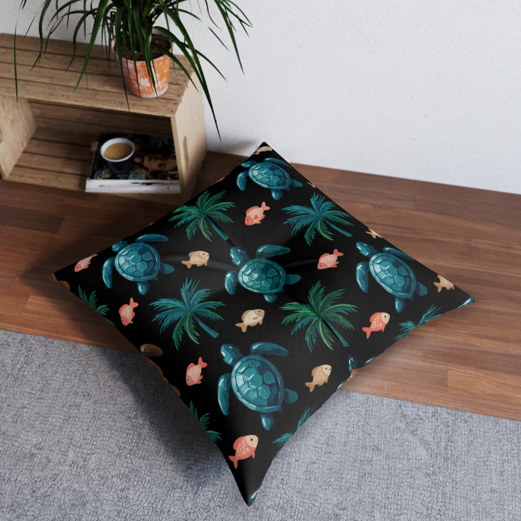 Sea Turtle Palm Floor Pillow — Coastal Tropical Square Throw Pillow