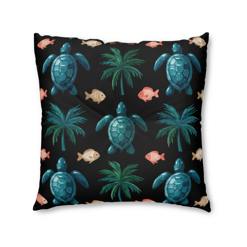 Sea Turtle Palm Floor Pillow — Coastal Tropical Square Throw Pillow