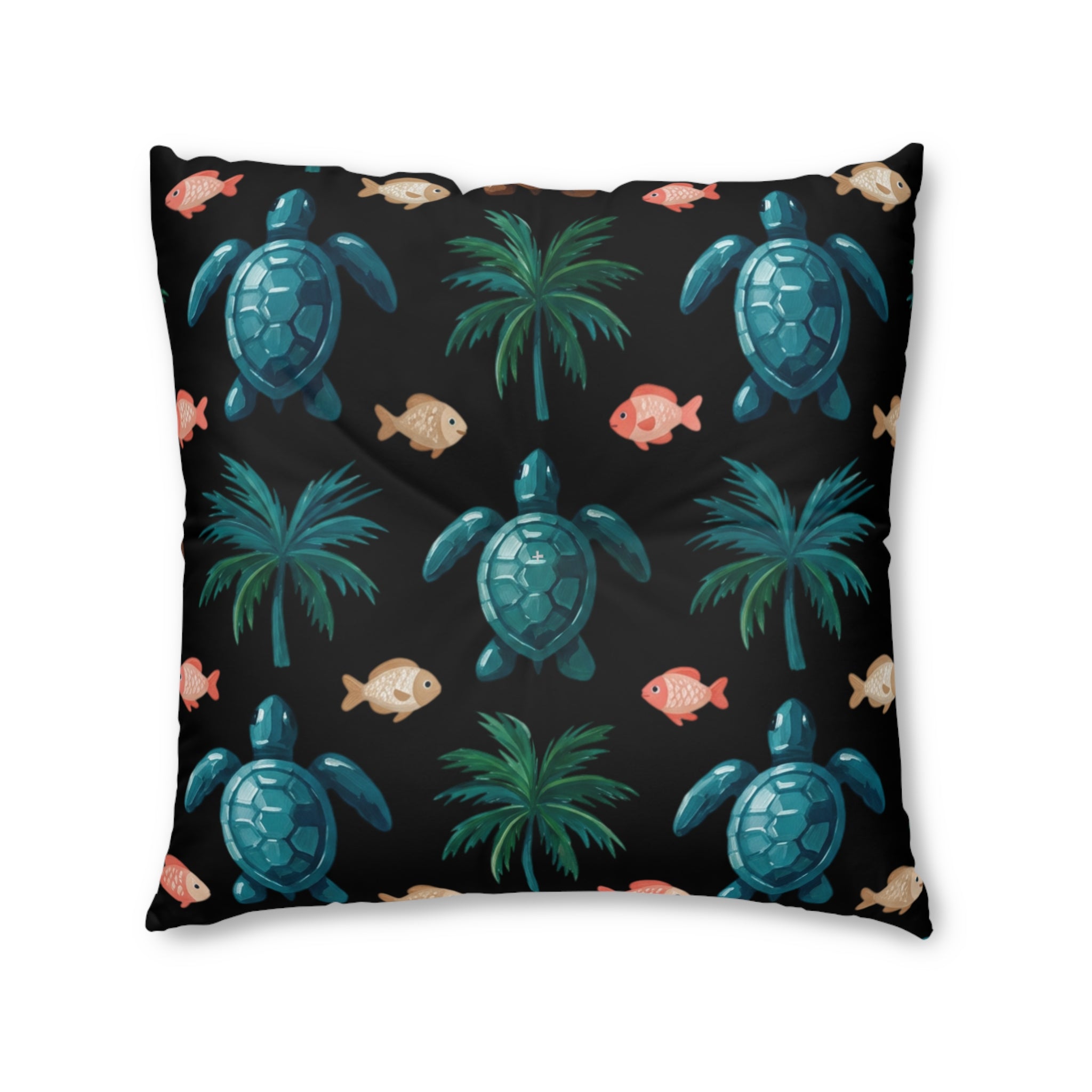 Sea Turtle Palm Floor Pillow — Coastal Tropical Square Throw Pillow