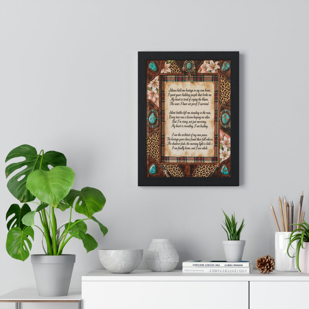 Vertical Framed Poster — Rustic Family Heritage Poem Wall Art (Turquoise & Leopard Border)