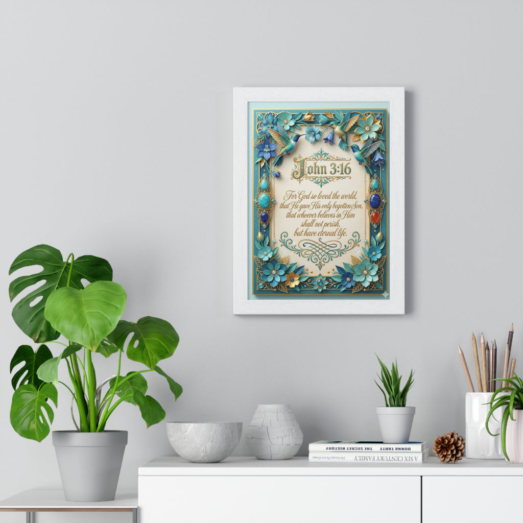 Framed John 3:16 Poster — Floral Religious Scripture Wall Art