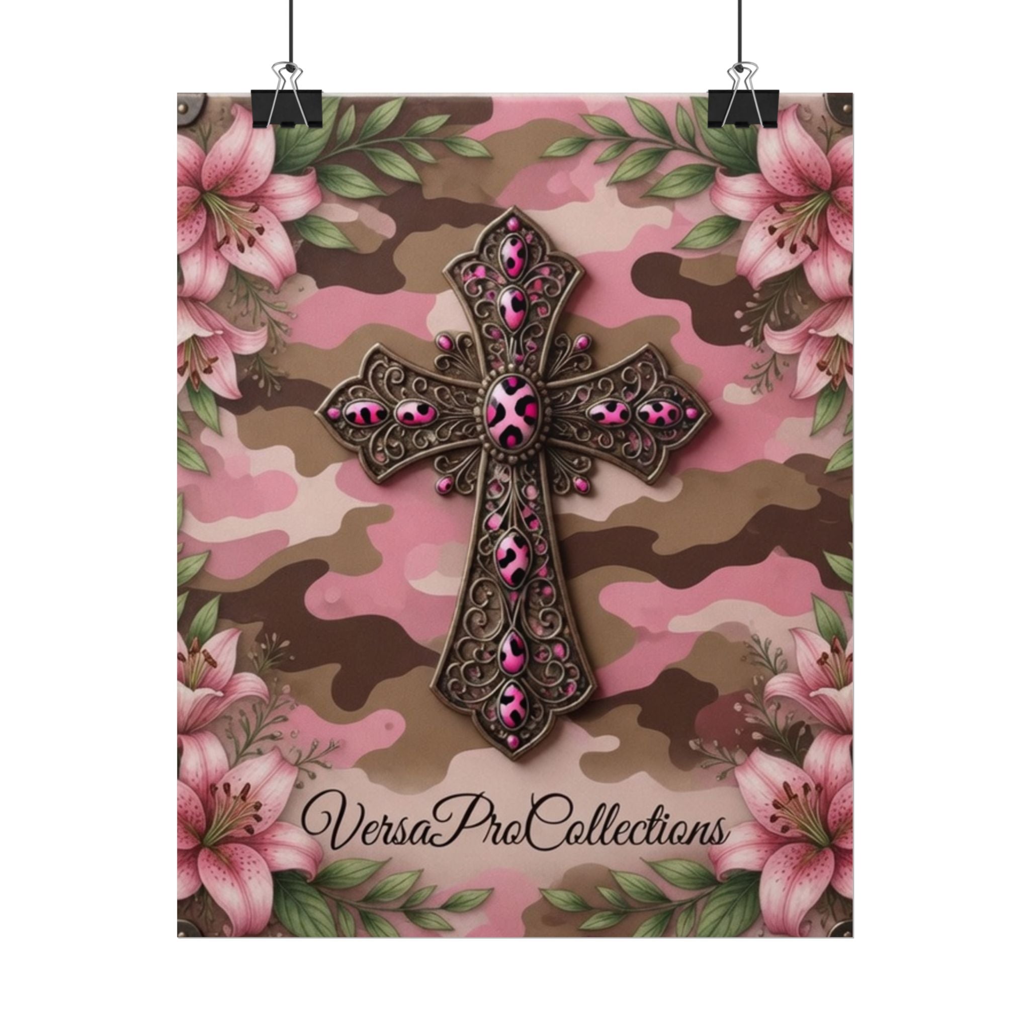 Pink Camo Floral Cross Poster – Religious Wall Art for Bedroom or Nursery