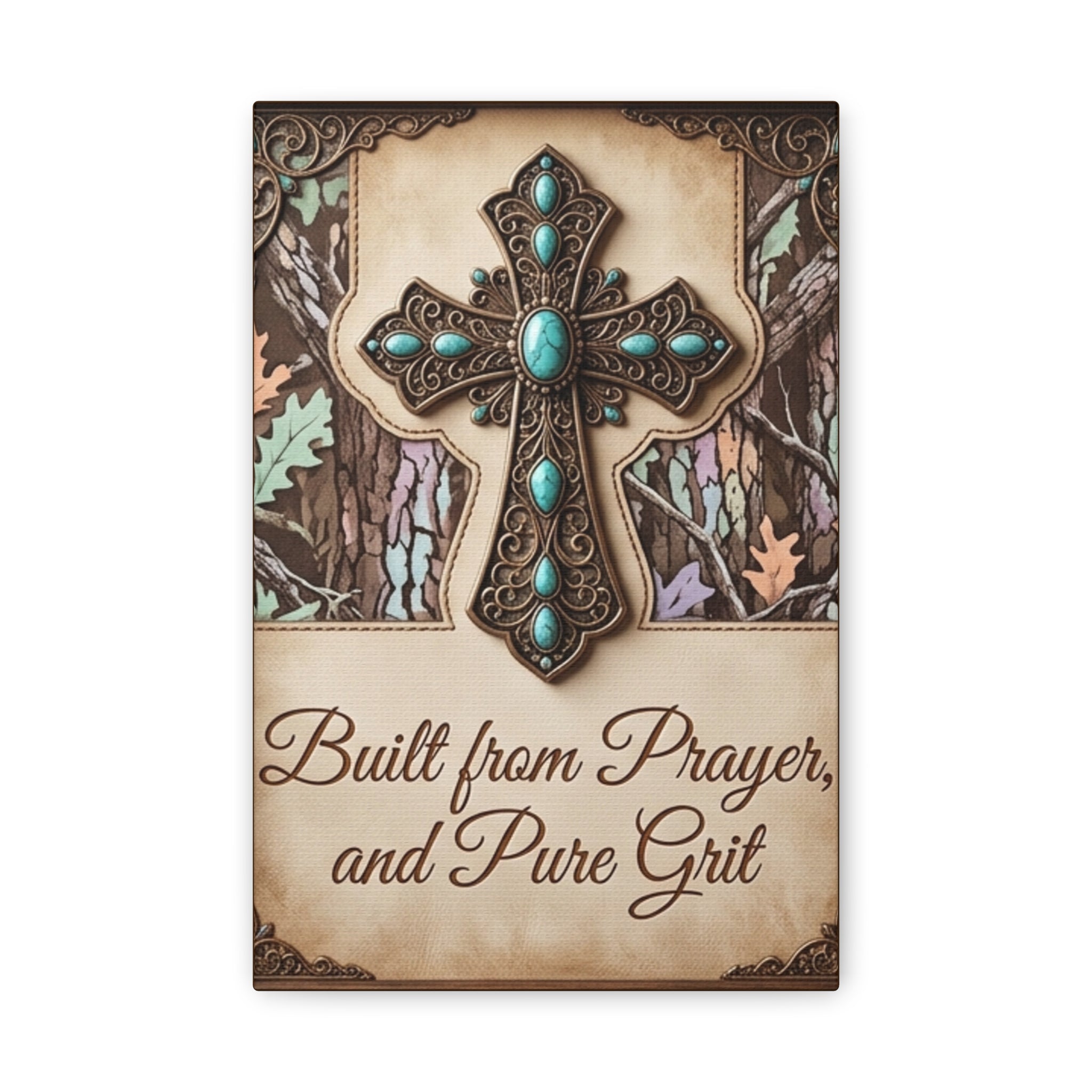 Classic Canvas Wall Art - "Built from Prayer and Pure Grit" Cross Canvas Print