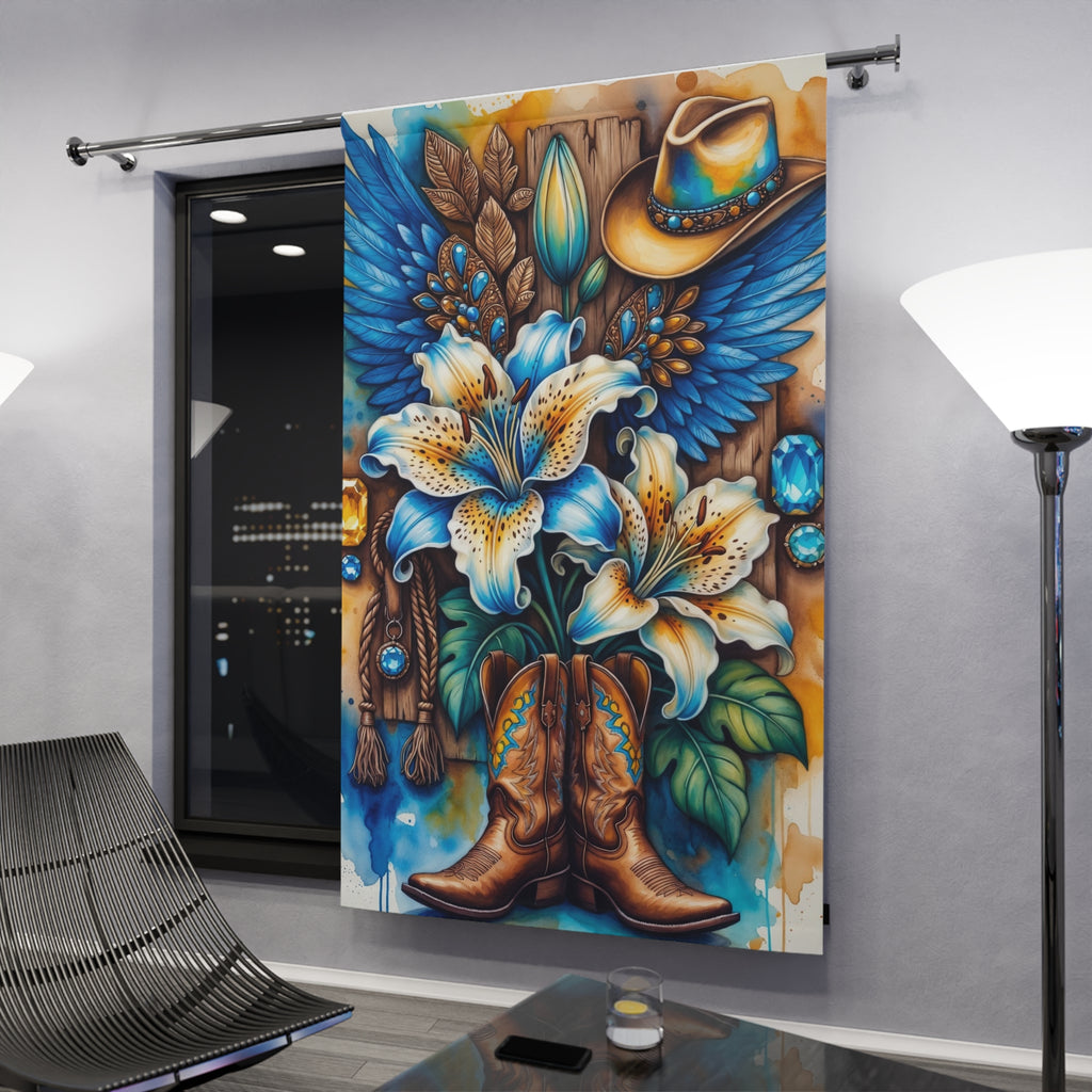 Western Boots & Lilies Curtain — Blue Cowboy Floral Window Panel