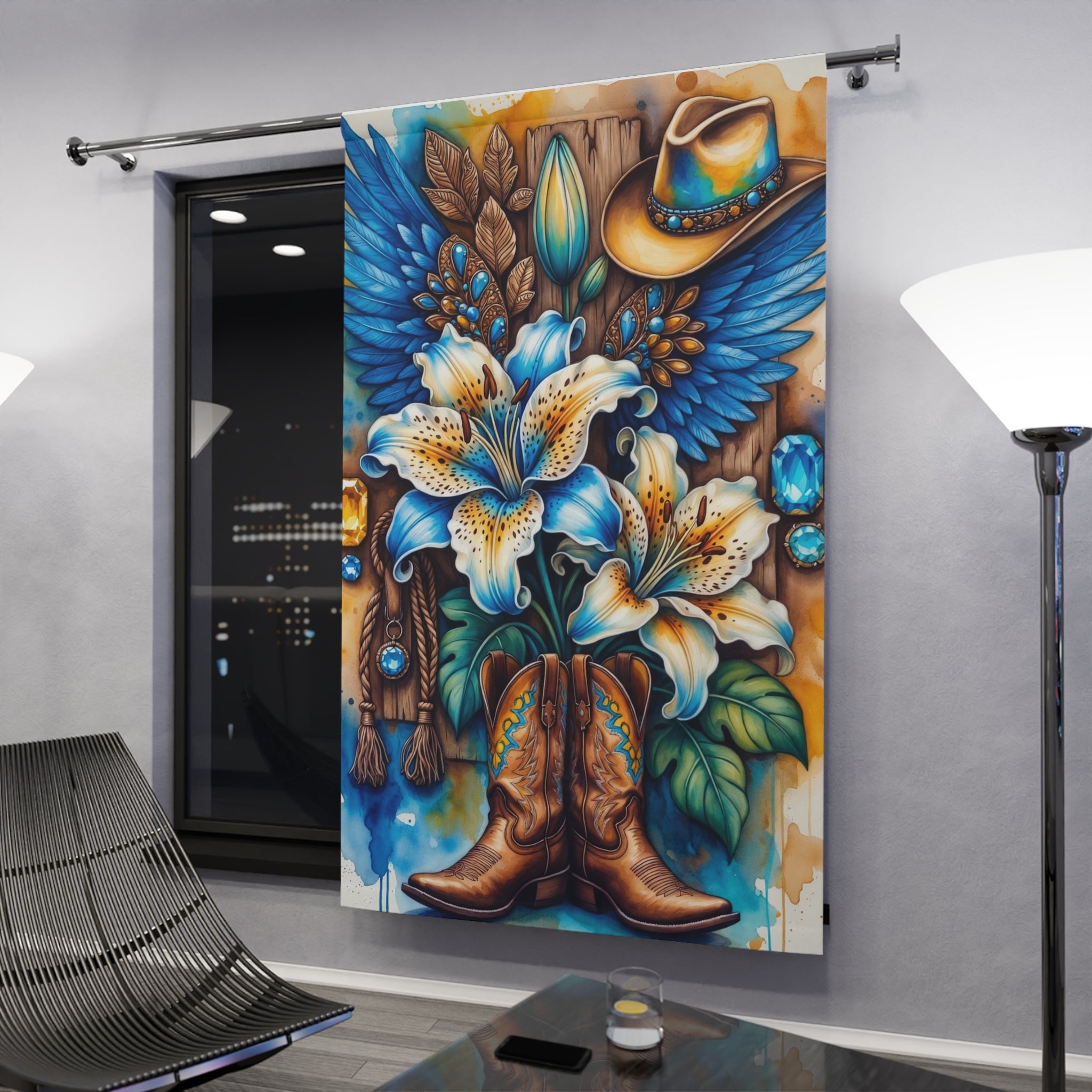 Western Boots & Lilies Curtain — Blue Cowboy Floral Window Panel