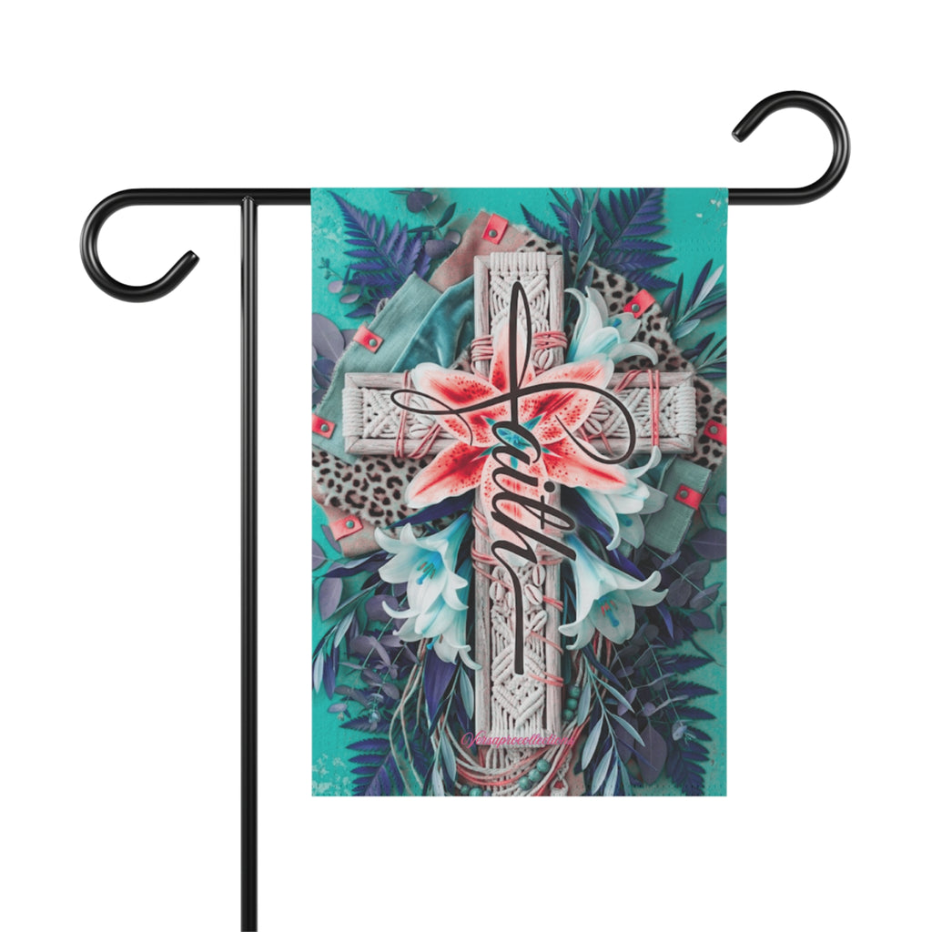 Faith Floral Garden Flag — Decorative Outdoor/House Banner with Cross Design