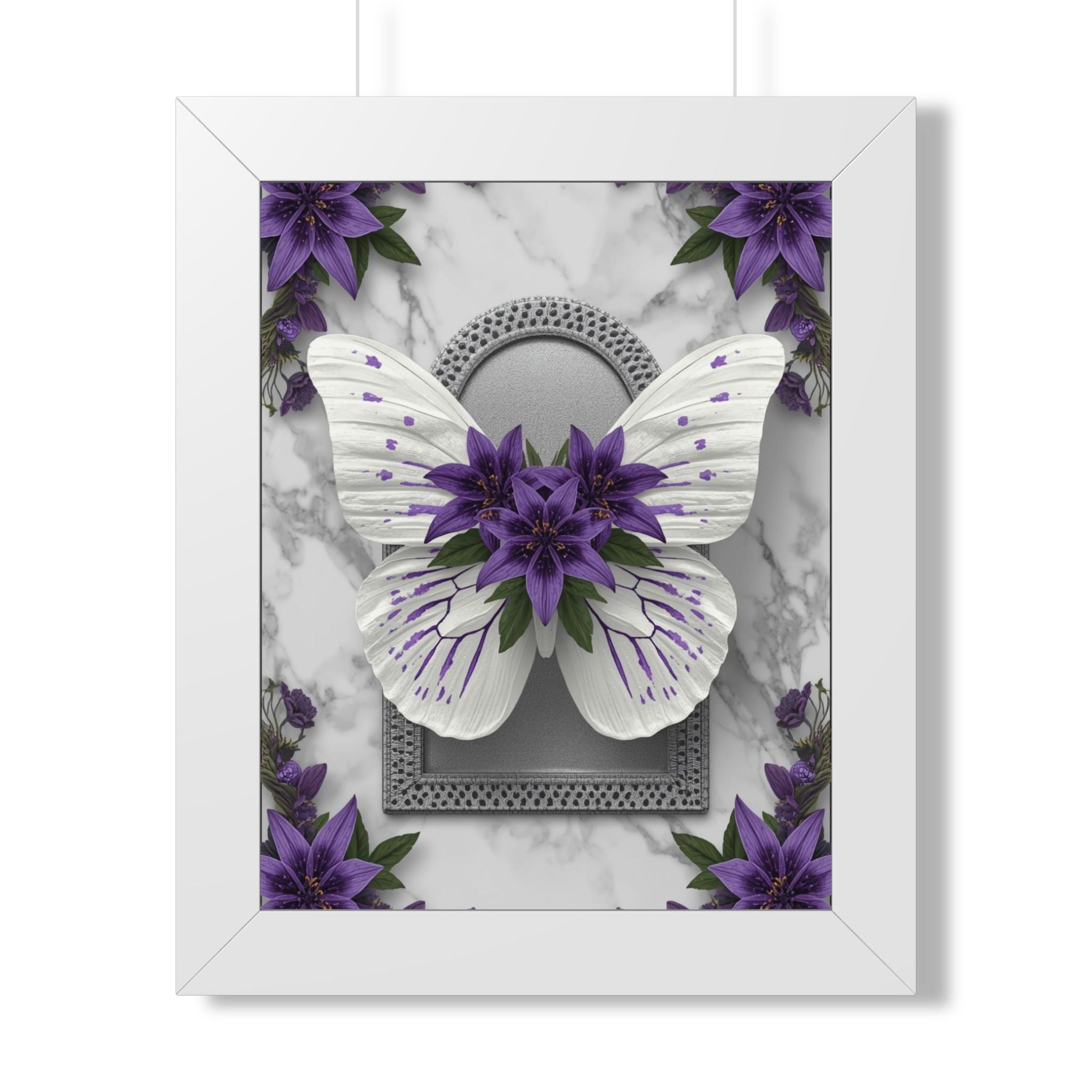 Purple Floral Butterfly Framed Poster — Vertical Wall Art