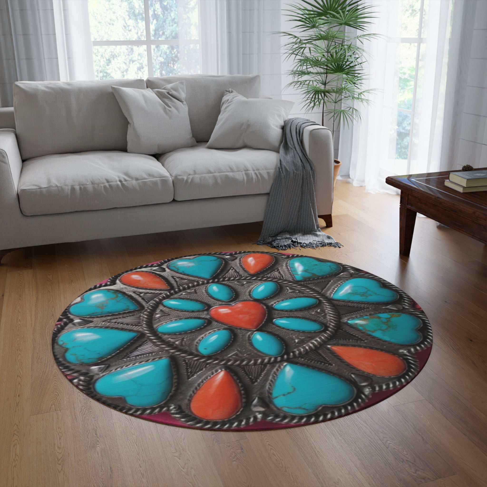 Turquoise & Coral Southwestern Round Rug
