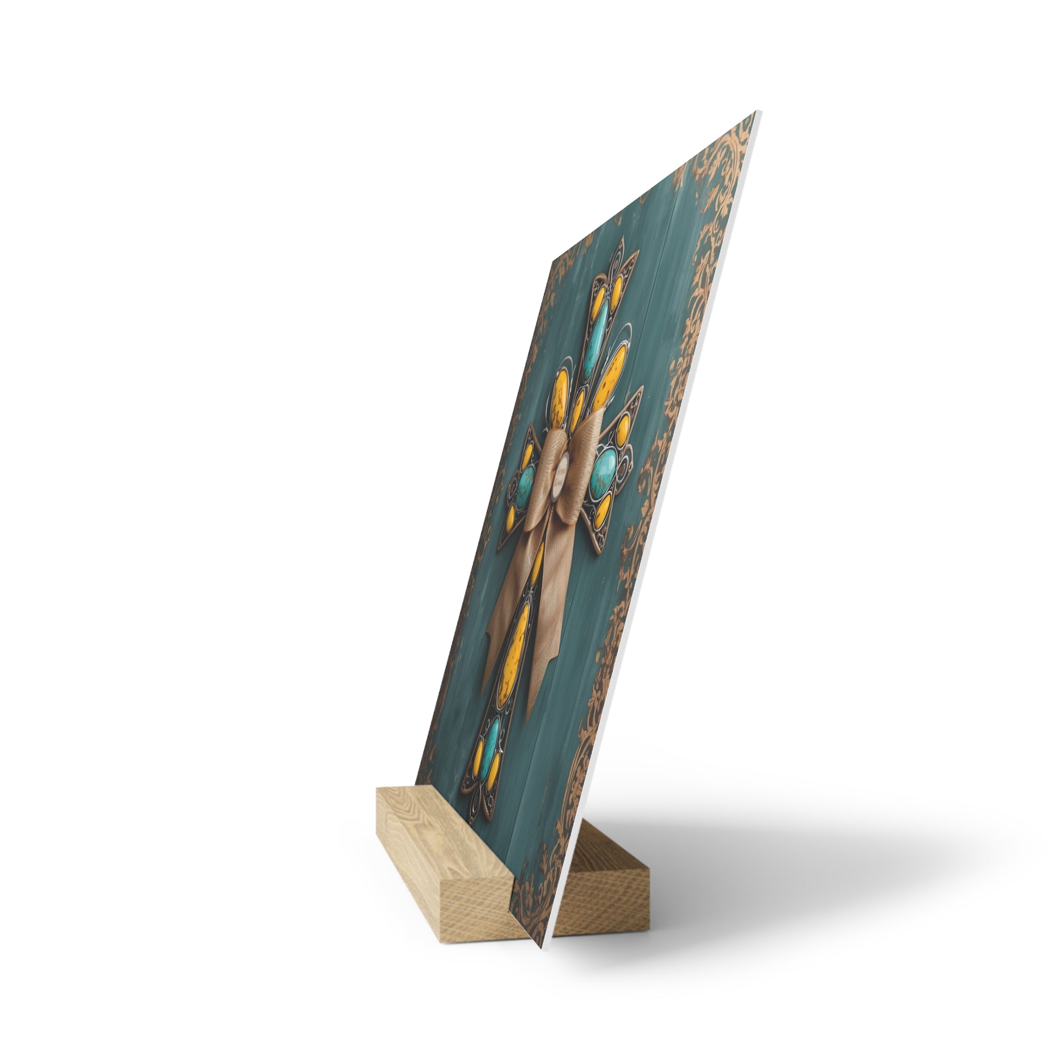 Decorative Gallery Board with Stand — Turquoise & Yellow Cross Wall Art Display