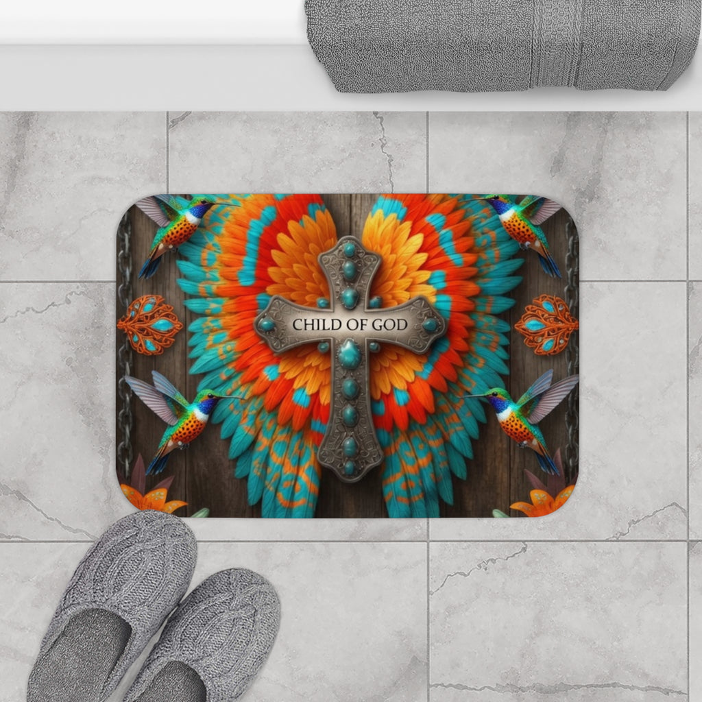 Child of God Cross Bath Mat — Colorful Feather Wings & Hummingbird Design