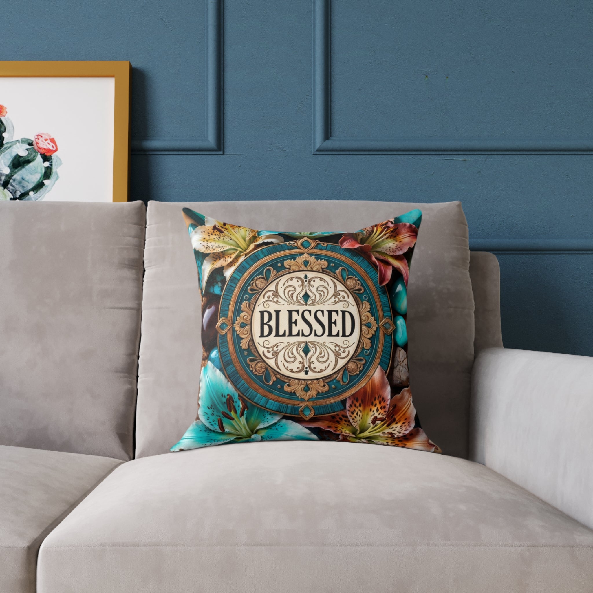 Blessed Floral Decorative Pillow - Square Poly Canvas Accent Cushion